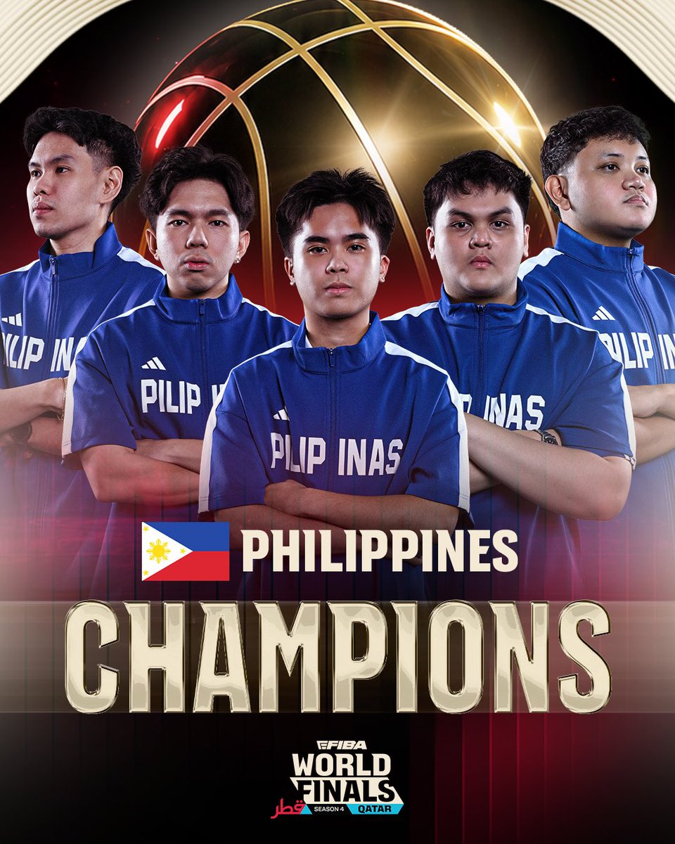 eFIBA_official's tweet photo. THE PHILIPPINES ARE WORLD CHAMPIONS! 🏆🇵🇭

After an incredible journey, the Philippines defeat Türkiye 3-0 in the Grand Finals to claim their first-ever eFIBA Season 4 Qatar World Finals title.

HISTORY HAS BEEN MADE. ✨ https://t.co/ZTqMoEtA0f