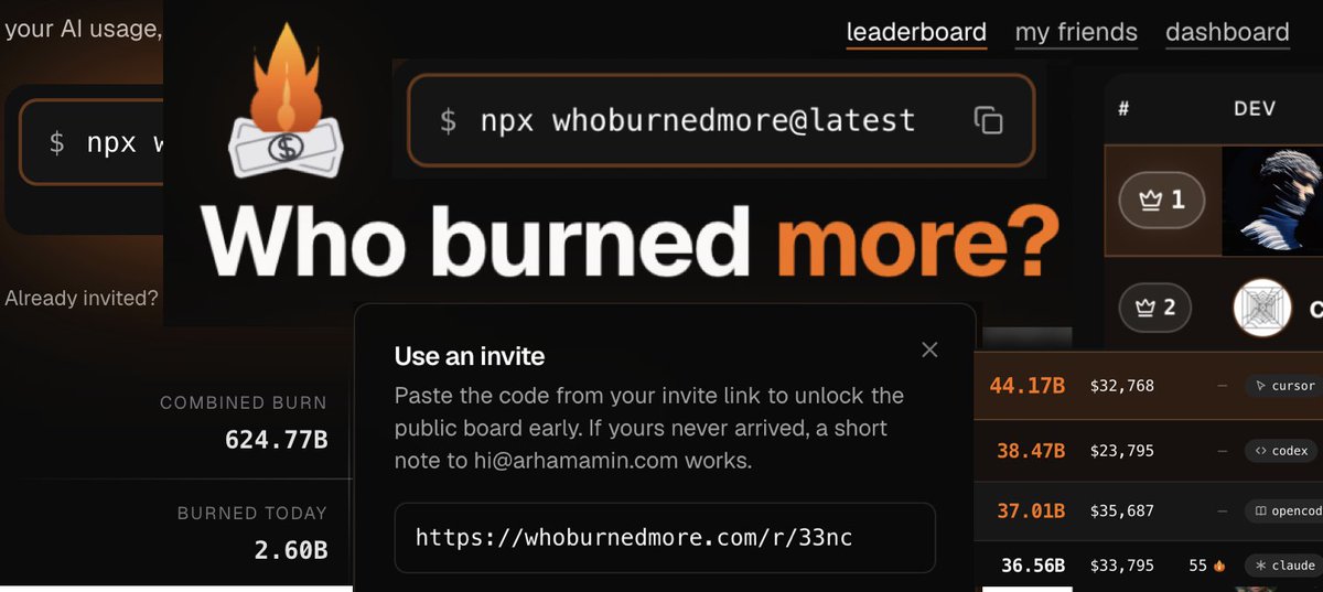 boskykode's tweet photo. 600B tokens in 2 weeks 

@whoburnedmore was started by an 18 yr old in a hackerhouse 

$ npx whoburnedmore 
to get on the leaderboard of https://t.co/gWLGth9lSW

invite code 33nc https://t.co/Ql8442XBOH