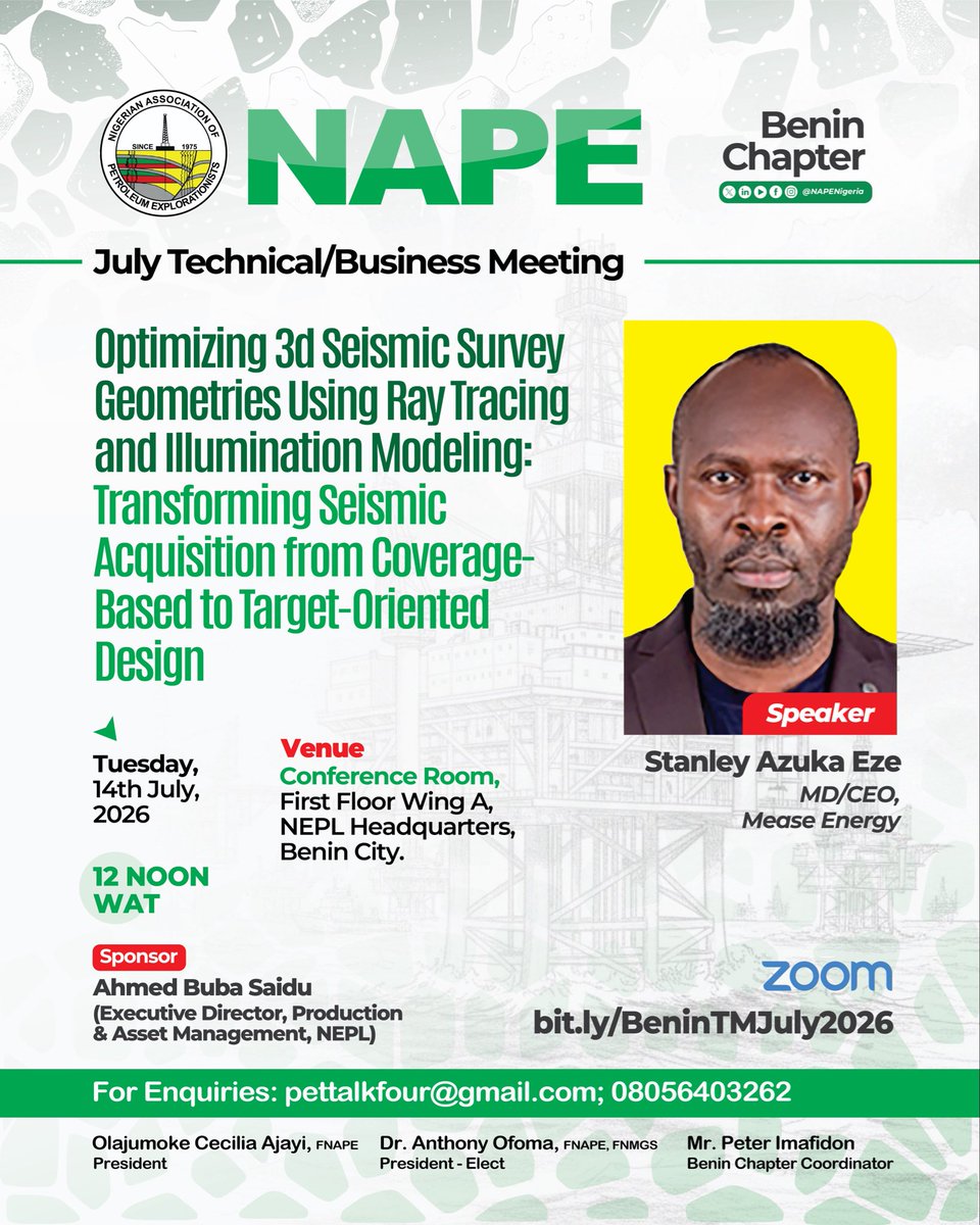 NAPENigeria's tweet photo. Smarter seismic design. Better exploration outcomes.

Join the NAPE Benin Chapter as Stanley Azuka Eze discusses optimizing 3D seismic survey geometries using ray tracing and illumination modelling.

📅 14 July | 🕛 12 PM WAT
💻 https://t.co/yKd9wGsRiO

#NAPE #Geophysics #Seismic https://t.co/BJ6UK6dhv0