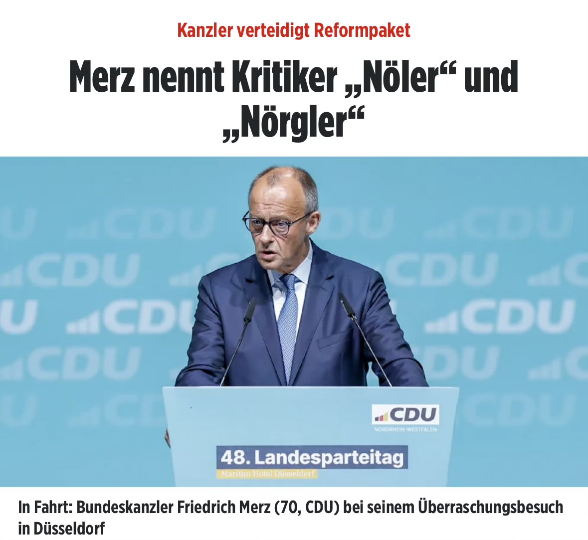 queru_lant's tweet photo. Kanzler Merz taucht überraschend auf dem Landesparteitag der CDU NRW auf und staucht seine internen Kritiker als „Nöler“ und „Nörgeler“ zusammen.

Der CDU-Landesverband NRW gilt ab sofort als „gesichert rechtsextrem“. Er wählte bewusst das selbe Datum, wie ein Reichsparteitag der NSDAP 1926 in Weimar.

Wir werfen der CDU NRW vor, das Datum bewusst gewählt zu haben als symbolischen Akt, eine Provokation und Anknüpfung an die NS-Vergangenheit.

Die Ausrede „reiner Zufall“, das Datum wäre von vom Veranstaltungsanbieter Maritim Hotel wegen Verfügbarkeit vorgeschlagen worden und es gebe keinen historischen Bezug, lassen wir nicht gelten.