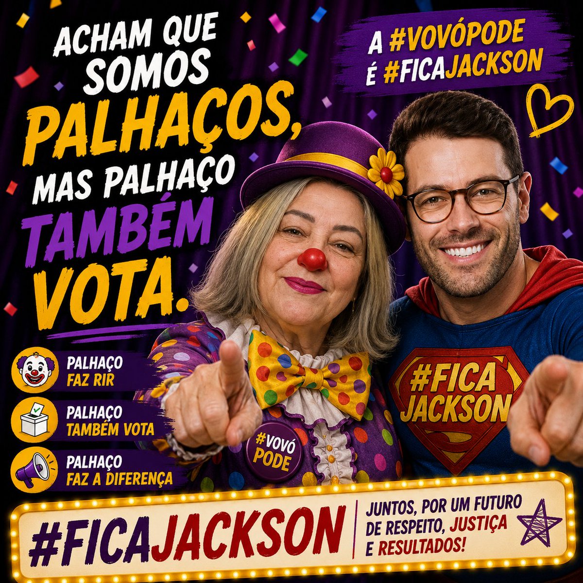 bia_souto2's tweet photo. Dizem que somos palhaços... 😄🎪
Pode até ser. Mas palhaço também vota, torce e não desiste dos seus favoritos.
A #VovóPODe é #FicaJackson! 💜
#VovóPODe #Jackson @ComentaRufus @GislainiG @jacksonfonsecaa @casadopatrao #RealityShow #Torcida #RetaFinal #TeamJackson https://t.co/iOHuvQ1vrN