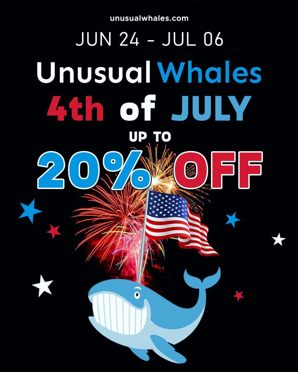 t_12151's tweet photo. Unusual Whales is running a July 4th deal! 
Get up to 20% off.
We built tools to help you get through this market.
Join here: https://t.co/vONZ5ghX4k https://t.co/gBpPkaaMvy