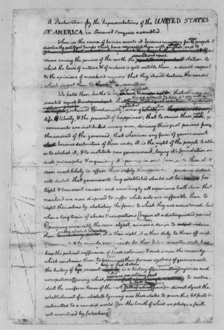 Thomas Jefferson's rough draft of the Declaration of Independence, handwritten with things crossed out and re-written