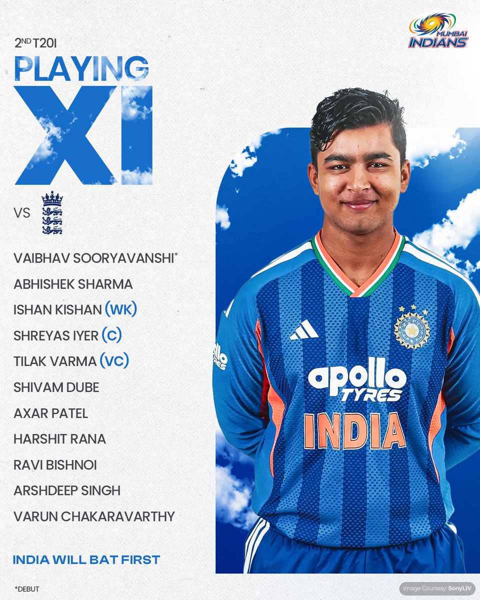 mipaltan's tweet photo. The start of something new at Old Trafford, with a much-anticipated debut! 💙

➡️ Sooryavanshi (Debut)
⬅️ Sanju https://t.co/E1ROaN2zLO