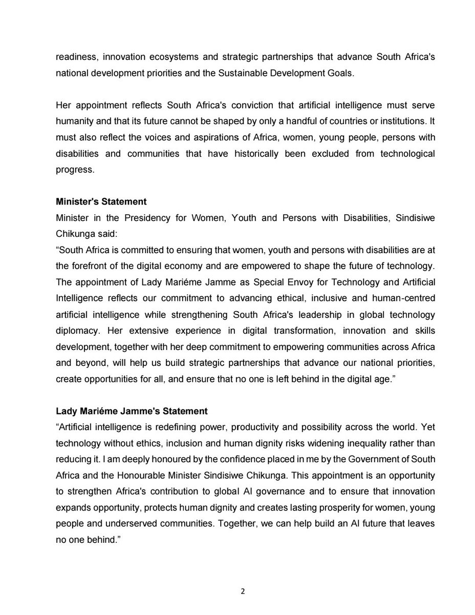 DWYPD_ZA's tweet photo. 📢 MEDIA STATEMENT

🇿🇦 South Africa  appoints Lady Mariéme Jamme as Special Envoy for Technology and Artificial Intelligence. https://t.co/WGUiGn0DdE