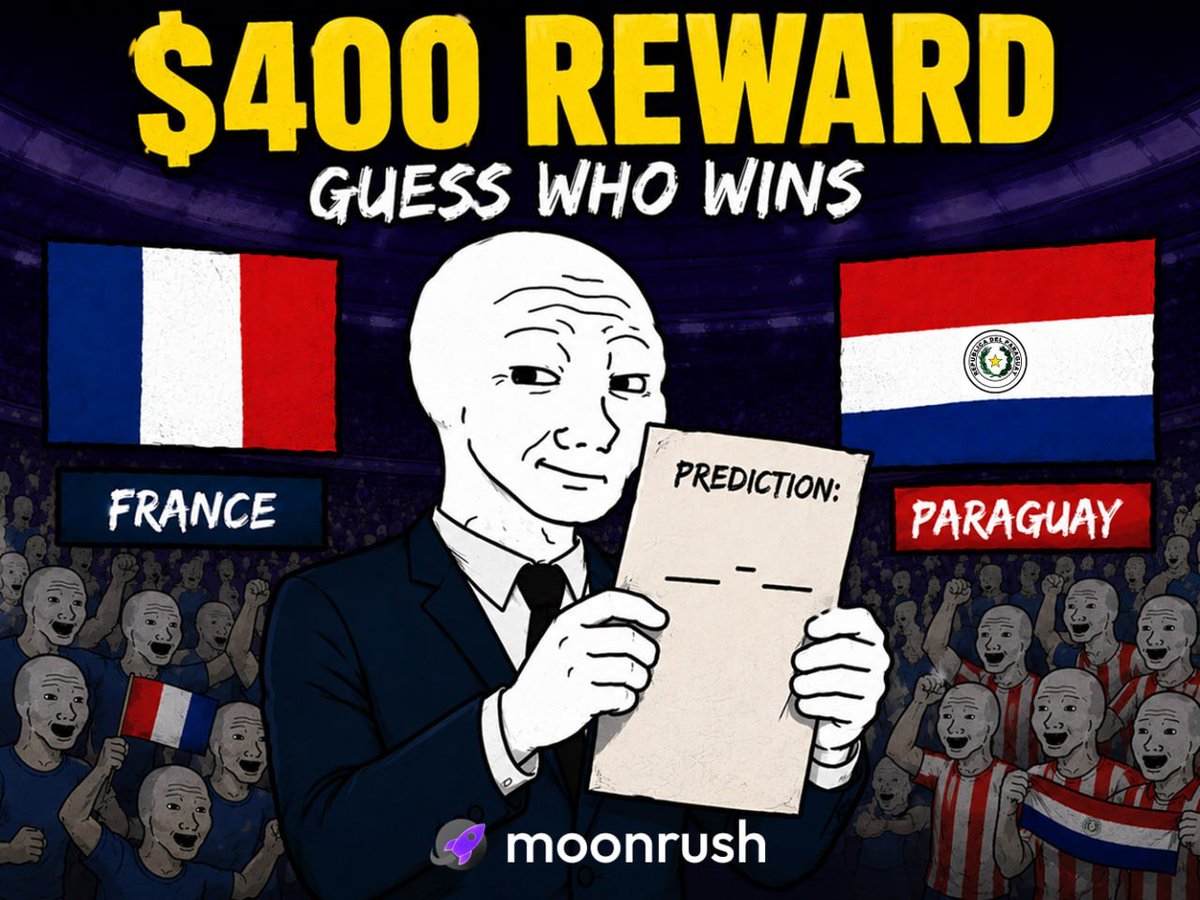 moonrush_space's tweet photo. ⚽ Guess Who Wins?

France 🇫🇷 vs Paraguay 🇵🇾

Comment your prediction below

How to join:
• Follow @moonrush_space + @moonrush_trendz
• RT this post
• Comment the winning team + your MoonRush app username
• Tag 2 friends

💰 $400 reward pool
🎯 2 winners
💸 $200 + 500 points each, paid directly to MoonRush in-app accounts

Winners will be randomly picked from correct predictions with completed tasks