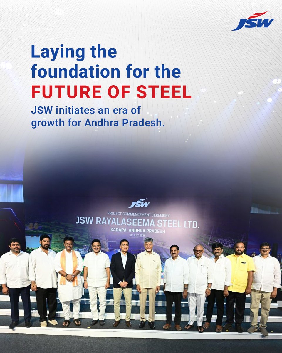 TheJSWGroup's tweet photo. Andhra Pradesh is entering a new phase of industrial growth. With the commencement of the Rayalaseema Steel Project, alongside the 400 MW JSW Energy Solar Captive Power Project and the JSW Industrial Park, JSW is reinforcing its long-term commitment to manufacturing, infrastructure and sustainable growth in the state.
Designed as a future-ready steelmaking facility, the Rayalaseema project will produce low carbon structural steel using Electric Arc Furnace technology. Together, these developments reflect JSW's long-term commitment to strengthening manufacturing, supporting regional development and enabling sustainable industrial progress. 

#JSW #BetterEveryday #JSWSteel #RayalaseemaSteelProject