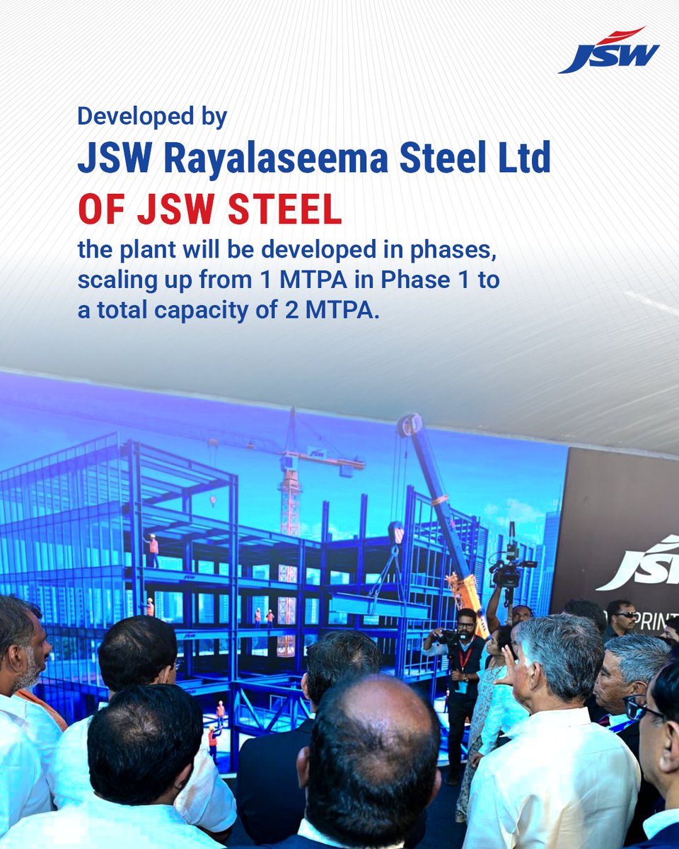 TheJSWGroup's tweet photo. Andhra Pradesh is entering a new phase of industrial growth. With the commencement of the Rayalaseema Steel Project, alongside the 400 MW JSW Energy Solar Captive Power Project and the JSW Industrial Park, JSW is reinforcing its long-term commitment to manufacturing, infrastructure and sustainable growth in the state.
Designed as a future-ready steelmaking facility, the Rayalaseema project will produce low carbon structural steel using Electric Arc Furnace technology. Together, these developments reflect JSW's long-term commitment to strengthening manufacturing, supporting regional development and enabling sustainable industrial progress. 

#JSW #BetterEveryday #JSWSteel #RayalaseemaSteelProject
