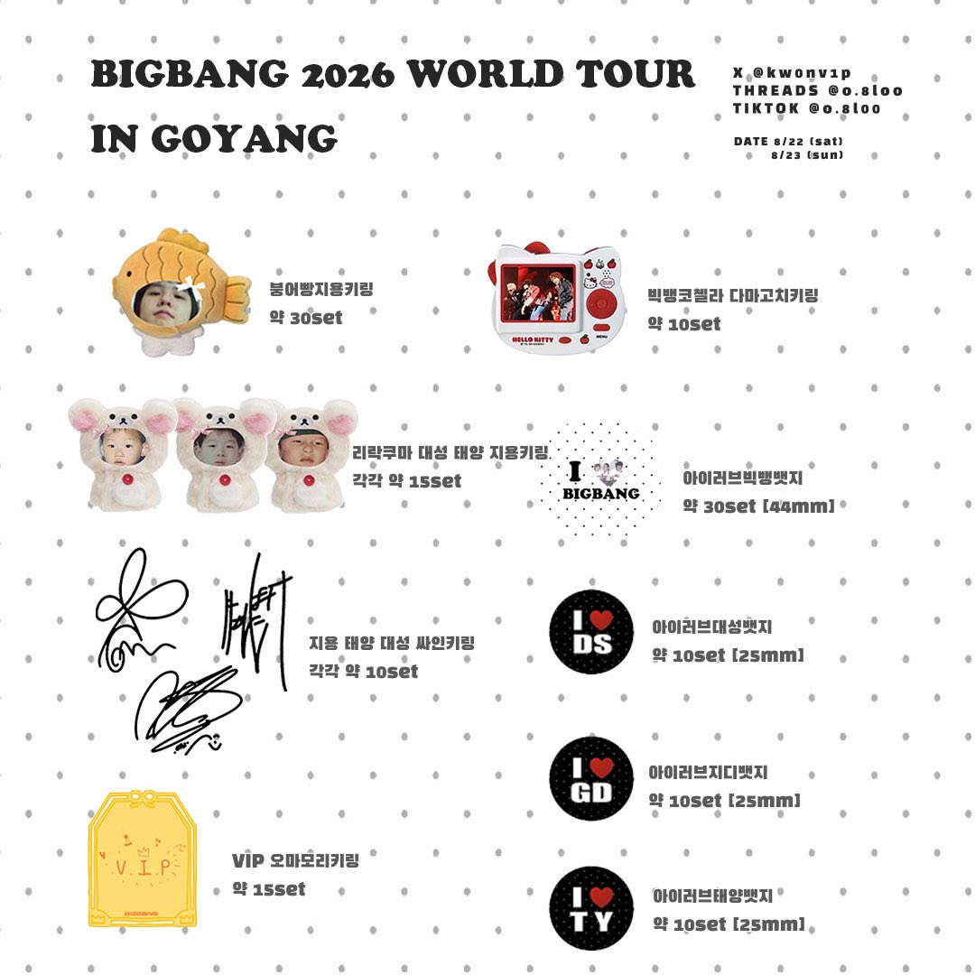 kw0nv1p's tweet photo. 𝐁𝐈𝐆𝐁𝐀𝐍𝐆 𝟐𝟎𝟐𝟔 𝐖𝐎𝐑𝐋𝐃 𝐓𝐎𝐔𝐑 𝐈𝐍 𝐆𝐎𝐘𝐀𝐍𝐆

날짜 - 8/22(토) • 8/23(일)
장소착장 - 당일공지
인증 - 𝗥𝗧 &amp; ♥

୨୧₊˚⊹ 맞나눔위주로 진행 !!
-> 일반나눔은 맞나눔종료후 당일 선착순 
품목 1개 선택 후 가시는 날짜•맞나눔품목 알려주세용 https://t.co/dmjdiz1BjB