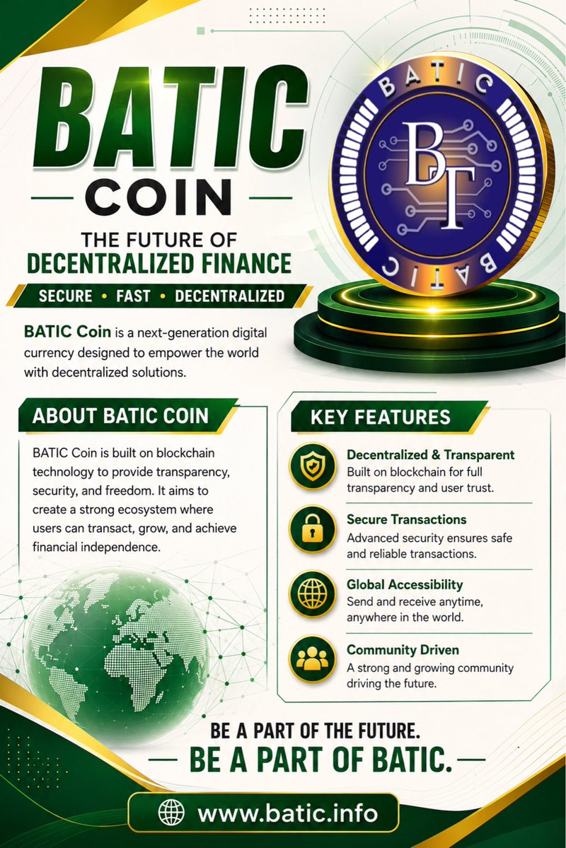 InfoBatic's tweet photo. 🚀 Step into the future of decentralized finance with BATiC Coin. Secure, transparent, and built for a global community. Be a part of the future. Be a part of BATiC. 💚🌍
#BATiCCoin #BATiC #Cryptocurrency #Blockchain #DeFi #DecentralizedFinance #DigitalCurrency #CryptoCommunity #BlockchainTechnology #SecureTransactions #FutureOfFinance #Innovation #FinTech #CryptoInvestment #Web3 🌐🚀