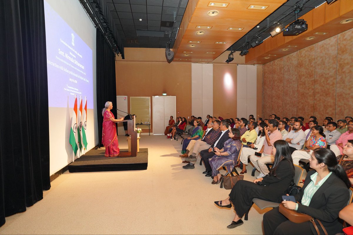 FinMinIndia's tweet photo. Union Minister for Finance and Corporate Affairs Smt. @nsitharaman delivers the keynote address to the Indian diaspora at a gathering being held at Marseille, France, today. Later, the Union Finance Minister also interacted with the members of the Indian diaspora.

@IndiaembFrance