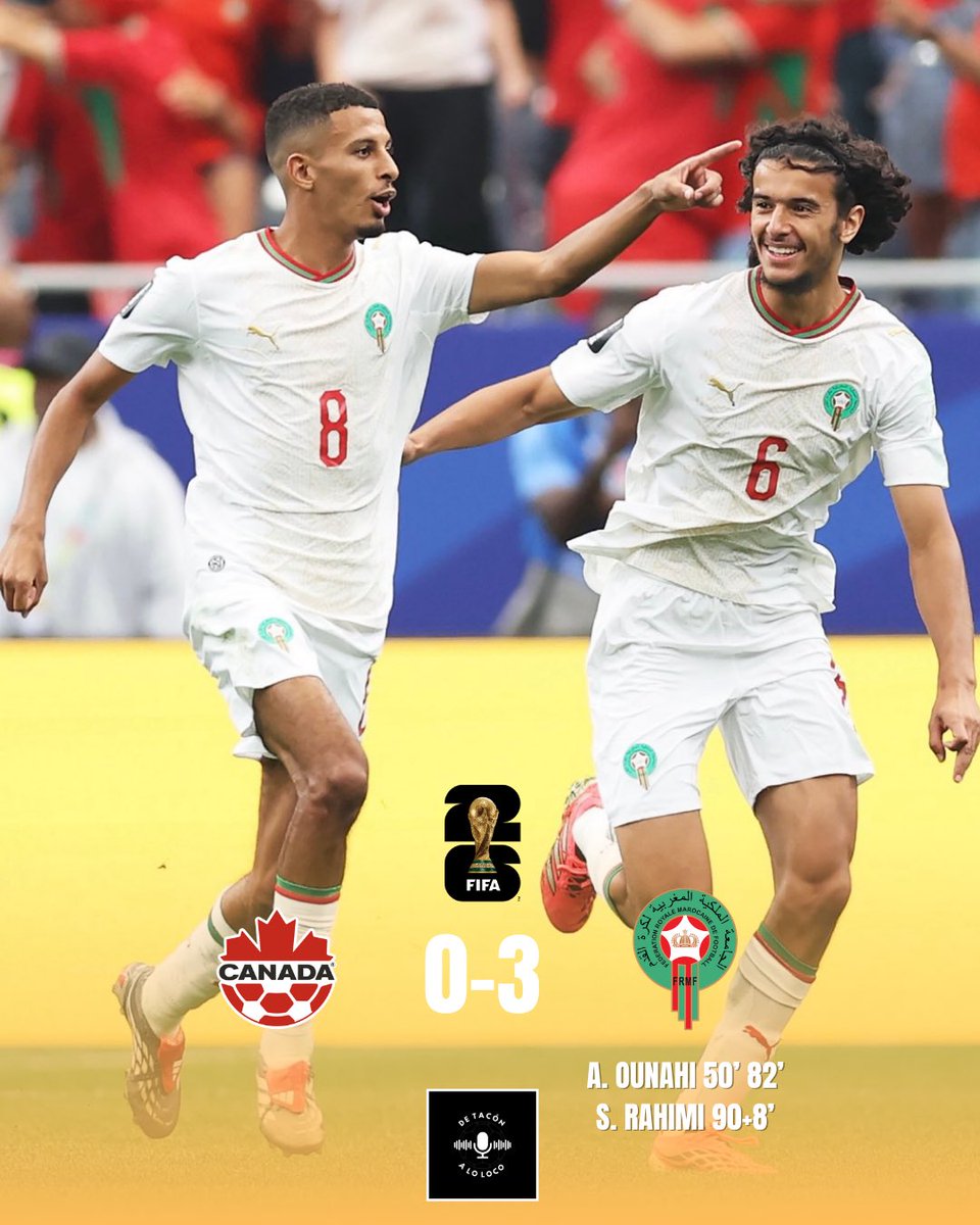 DeTaconALoLoco's tweet photo. 🔚 FINAL | 🇨🇦 CANADÁ 0-3 MARRUECOS 🇲🇦

🚀 Marruecos consigue ganar por la mínima a Canadá en un partido muy cerrado y tenso, que desatascó Ounahi con un doblete. 

🏆 MVP: AZZEDINE OUNAHI 

#mundialdefútbol2026 https://t.co/jxaGhlUswi