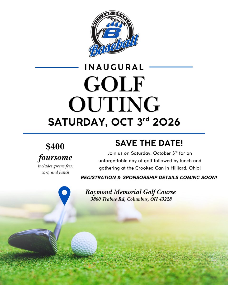 HBJagsBaseball's tweet photo. 📅 SAVE THE DATE! ⛳️

The Hilliard Bradley Dugout Club is proud to announce our Inaugural Golf Outing on Saturday, October 3rd, 2026, directly benefiting the Hilliard Bradley Baseball Program!

This four-person scramble golf tournament will take place at Raymond Memorial Golf Course, followed by a gathering for lunch, drinks, and prizes at the Crooked Can in Hilliard, Ohio.

Registration & corporate sponsorship details coming soon!

We can't wait to see everyone there! Go Jags!

⛳️ Inaugural Hilliard Bradley Dugout Club Golf Outing
📅 Saturday, October 3rd, 2026
📍 Raymond Memorial Golf Course & Crooked Can
🕘 9:00 AM Shotgun Start

#HEART #BringItOn