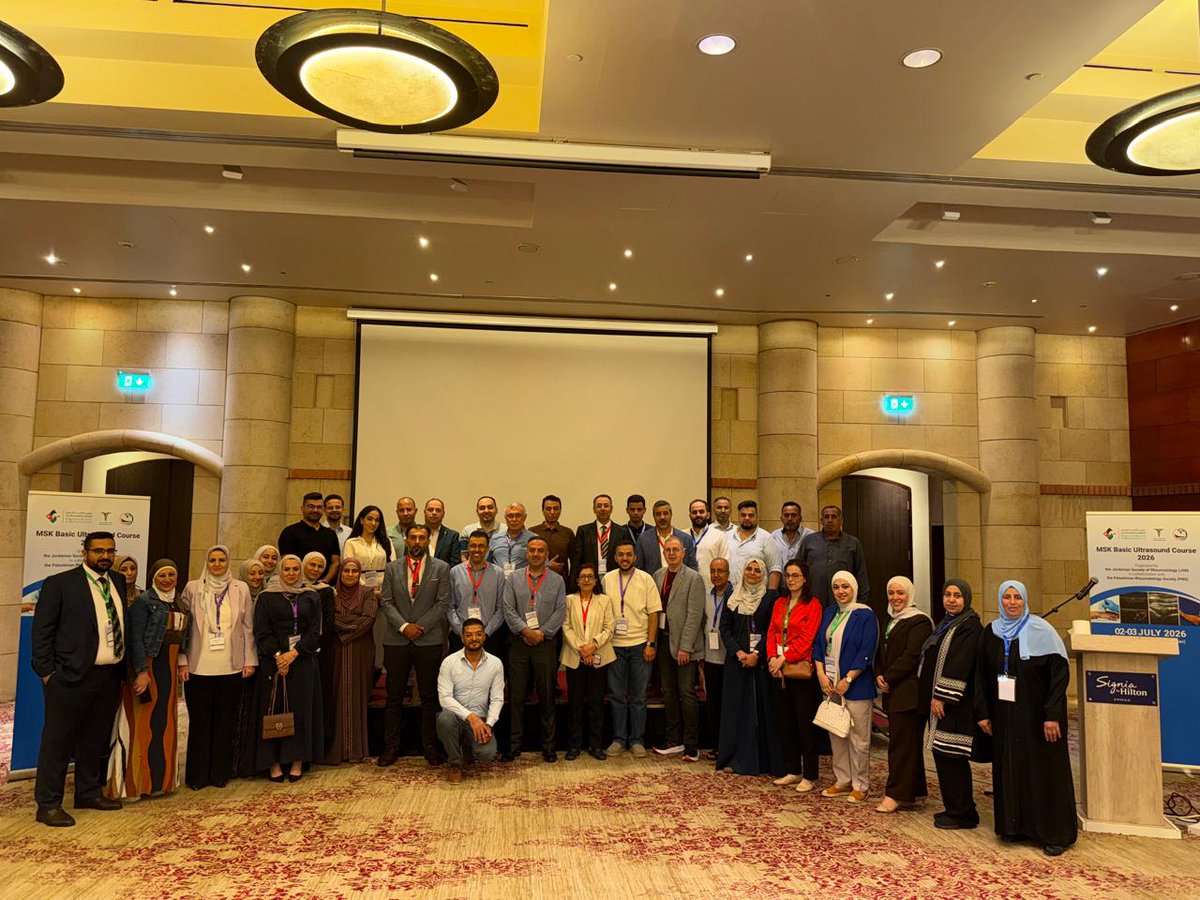 JSRheumatology's tweet photo. Highlights from 'The First MSK Basic Ultrasound Course 2026' in Amman! 🩺✨
A successful collab between Jordan &amp; Palestine Rheumatology Societies. 👥 40 Doctors 🛠️ Intensive Hands-on Workshops 👨‍🏫 https://t.co/Vu1rghuhWa