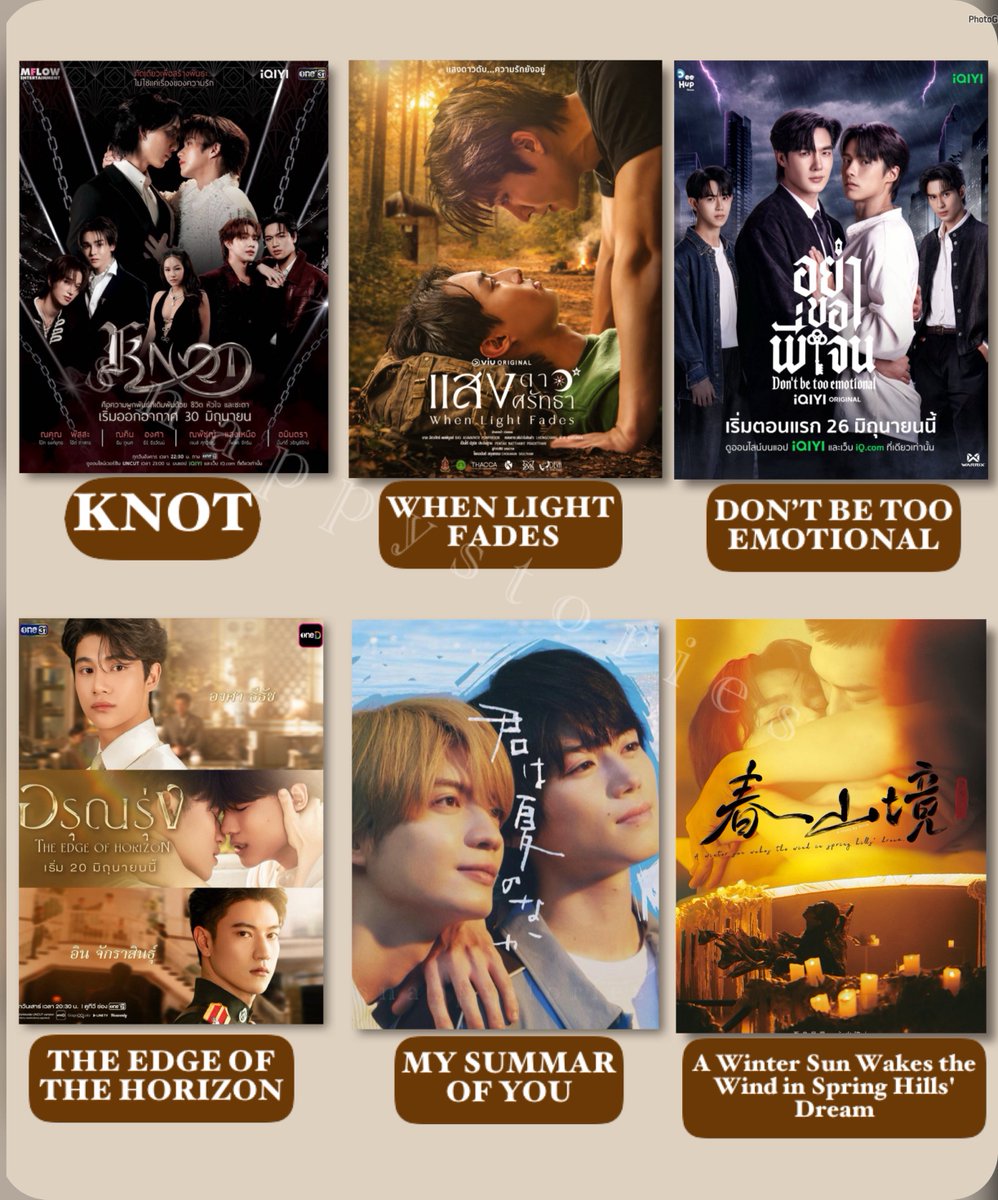 Snappystoriez's tweet photo. If you are a BL 🏳️‍🌈 lovers and you don’t know what to watch this weekend!

Here are some series currently airing with nice plots and intense content 🔥 

Trust me you will love it!!😍..Save for later👇

1.KNOT
Genres:  Romance,  Drama
Country: Thailand  Episodes: 12
Aired: Jun 30, 2026 - Sep 15, 2026
Aired On: Tuesday  Duration: 50 min.

2. Don't Be Too Emotional 
Genres:  Thriller,  Romance,  Youth,  Supernatural
Country: Thailand   Episodes: 12
Aired: Jun 26, 2026 - Sep 11, 2026
Aired On: Friday   Duration: 1 hr. 3 min.

3. My Summer of You
Genres:  Romance,  Life,  Youth,  Drama
Country: Japan   Episodes: 12
Aired: Jun 24, 2026 - ?  Aired On: Wednesday
Original Network:  TV Tokyo  Duration: 30 min.

4. The Edge of Horizon
Genres:  Action,  Historical,  Romance,  Drama
Country: Thailand   Episodes: 10
Aired: Jun 20, 2026 - Aug 22, 2026
Aired On: Saturday  Original Network:  One 31  oneD  Duration: 51 min.

5. A Winter Sun Wakes the Wind in Spring Hills' Dream
Genres:  Romance,  Drama
Country: Thailand   Episodes: 16
Aired: Jun 12, 2026 - Aug 21, 2026
Aired On: Friday   Duration: 45 min.

6. When Light Fades
Genres:  Romance,  Drama
Country: Thailand   Episodes: 8
Aired: Jun 25, 2026 - Aug 13, 2026
Aired On: Thursday   Duration: 44 min.

7. Payback
Genres:  Romance,  Drama
Country: Thailand   Episodes: 10
Aired: May 30, 2026 - Aug 1, 2026
Aired On: Saturday.  Duration: 44 min.

8.A Dog And A Plane
Genres:  Comedy,  Romance,  Drama
Country: Thailand   Episodes: 10
Aired: May 29, 2026 - ?  Aired On: Friday
Original Network:  One 31  Duration: 50 min.

9. Deep In
Genres:  Psychological,  Romance,  Drama
Country: China.   Episodes: 12
Aired: Jun 26, 2026 - Jul 31, 2026
Aired On: Friday, Saturday
Original Network:  GTV  Viki  Duration: 42 min.

10.Unfold
Genres:  Thriller,  Mystery,  Romance,  Crime
Country: China   Episodes: 8
Aired: Jun 26, 2026 - ?
Aired On: Thursday, Friday.  Duration: 18 min.

11. Smile after Tears 
Genres:  Romance,  Youth,  Drama
Country: Taiwan   Episodes: 12
Aired: May 20, 2026 - Jul 29, 2026
Aired On: Wednesday.   Duration: 25 min.

12. When Oranges Fall
Genres:  Comedy,  Romance,  Life,  Youth
Country: Thailand    Episodes: 12
Aired: May 13, 2026 - Jul 29, 2026
Aired On: Wednesday
Original Network:  GMM 25  oneD
Duration: 50 min.

13. The Prosecutor's Proposal
Genres:  Mystery,  Romance,  Drama
Country: South Korea   Episodes: 10
Aired: Jun 25, 2026 - ?  Aired On: Thursday
Original Network:  Wavve.  Duration: 25 min.

14. Lost to Light
Genres:  Music,  Comedy,  Romance
Country: Thailand     Episodes: 5
Aired: Jun 20, 2026 - Jul 18, 2026
Aired On: Saturday.   Duration: 1 hr. 2 min.

15. Colors
Country: Japan    Episodes: 1
Aired: May 1, 2026 - ?   Aired On: Friday
Duration: 10 min.

16. Love Class Season 3
Genres:  Romance,  Youth. Country: South Korea   Episodes: 16.  Aired: May 28, 2026 - ?
Aired On: Thursday, Friday.  Duration: 15 min.

17. ChermChey
Genres:  Romance
Country: Thailand    Episodes: 10
Aired: May 19, 2026 - ?
Aired On: Tuesday.  Duration: 45 min.

18. Crazy Love, Moo-Moo!
Genres:  Comedy,  Romance,  Youth,  Drama
Country: Thailand   Episodes: 10
Aired: May 9, 2026 - Jul 11, 2026
Aired On: Saturday.   Duration: 47 min.