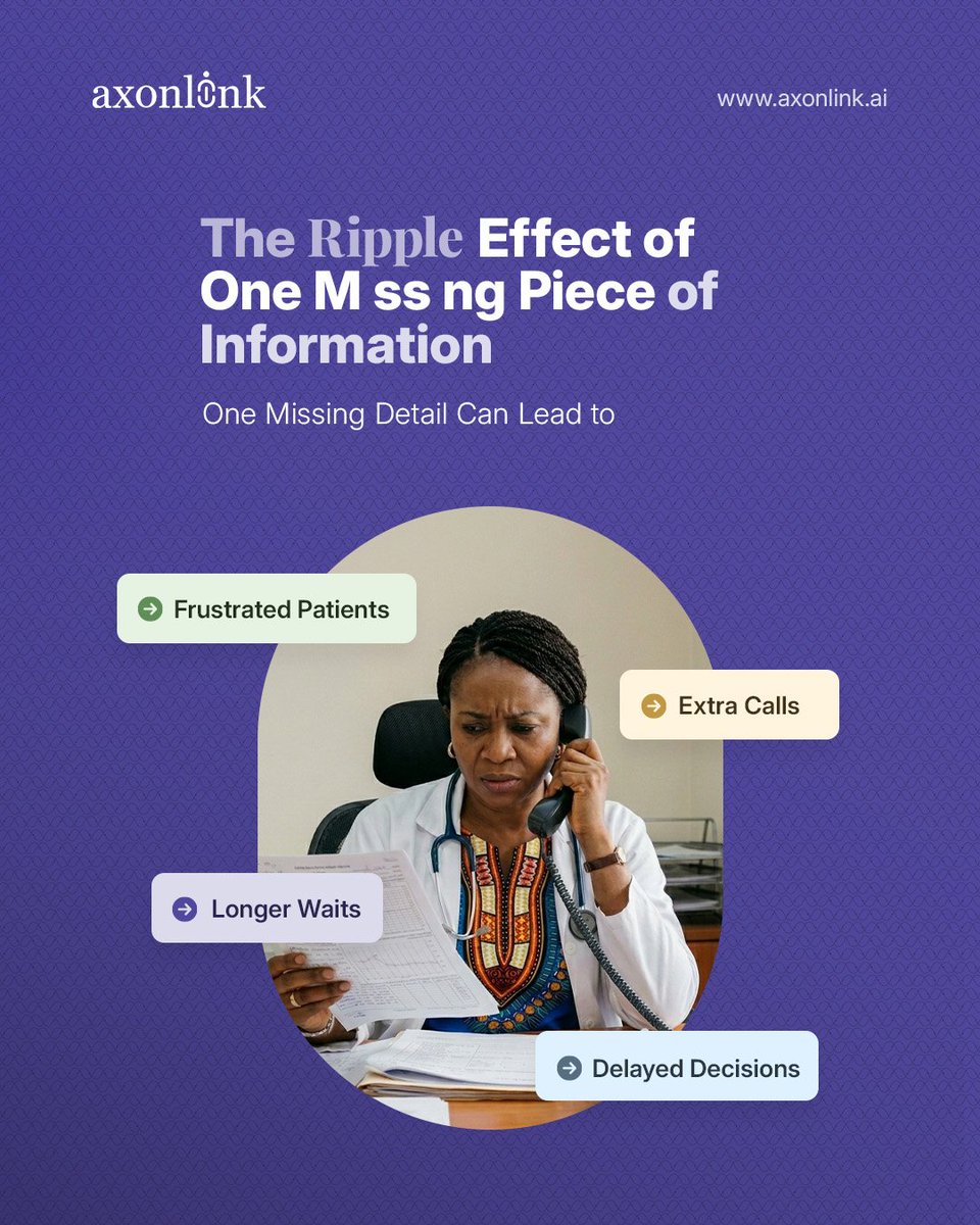 Axonlink's tweet photo. In healthcare, small gaps can create larger challenges.

A single missing piece of information often affects multiple teams, multiple workflows, and ultimately the patient experience. https://t.co/aQASzUhIrn