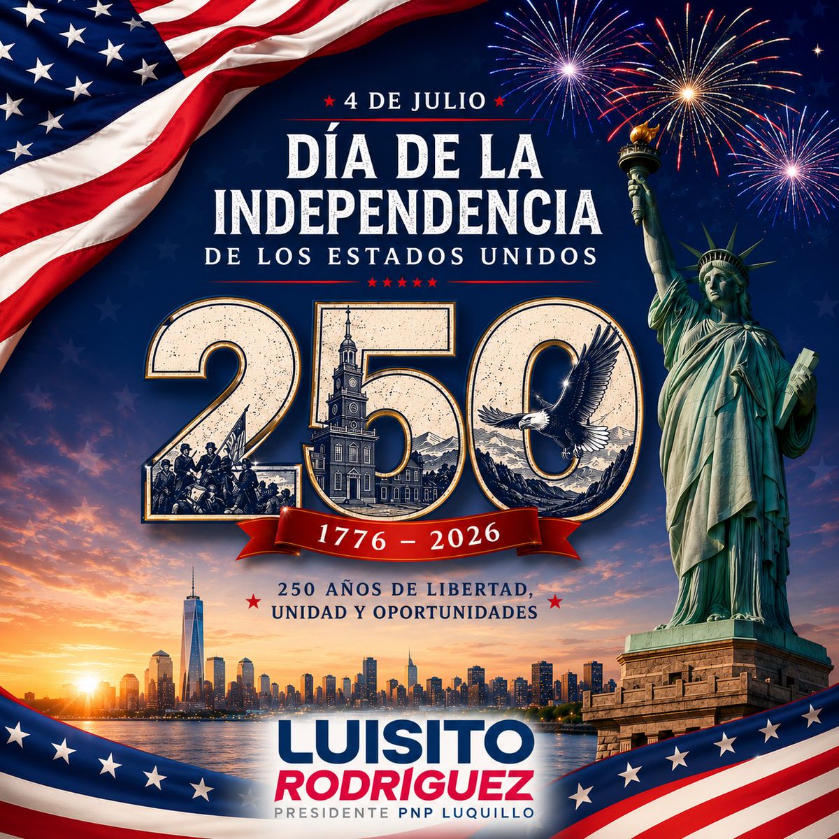 prluisrodriguez's tweet photo. Celebramos una nación fortalecida por la fe, guiada por la libertad y comprometida con la justicia para todos. ¡Feliz 4 de julio! #GodBlessUSA https://t.co/HZ8dxVK8gO