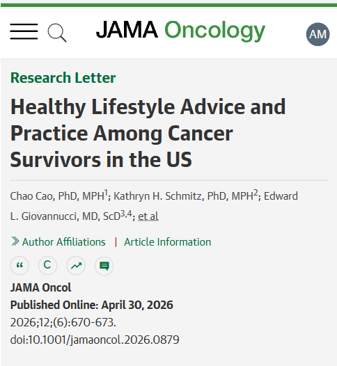 JAMAOnc's tweet photo. Among US cancer survivors, rates of lifestyle advice from health professionals remained stable 2011–2020, but advice was consistently associated with higher engagement in recommended behaviors. https://t.co/GWU5G937gv https://t.co/Lg9mQWzSdx