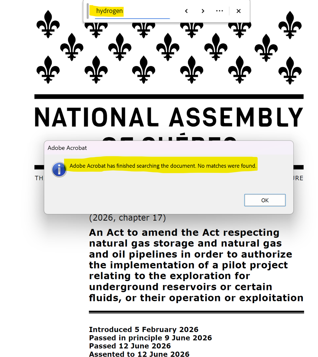 KeithDPatch's tweet photo. @kaffjamesnewtow @EnergiMedia @politicalham @GutoOwenH2 @DickWinchester @PoweringNow @JesseJenkins @wind4me @joelmoxley @AshDom12 I don't know how to describe it...the final bill 17, assented to 2026Jun12, doesn't even mention the word "hydrogen"!
https://t.co/yf0edJE3kC
#hydrogen #H2 #NaturalHydrogen #GeologicHydrogen https://t.co/va5sFh1QkI
