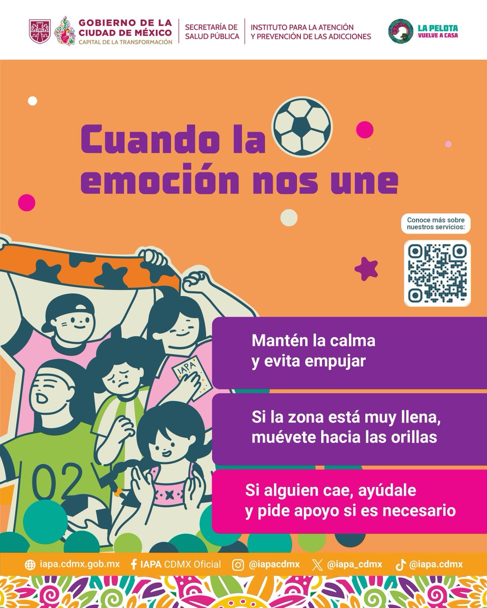 iapa_cdmx's tweet photo. Un gol se disfruta más cuando todas y todos regresamos bien a casa. 💚

En zonas con mucha gente:
👣 Evita empujar.
➡️ Muévete hacia las orillas si el espacio se satura.
🤝 Si alguien cae, ayúdale y pide apoyo.

@GobCDMX | @SSaludCdMx. https://t.co/EvgY6BtW3o