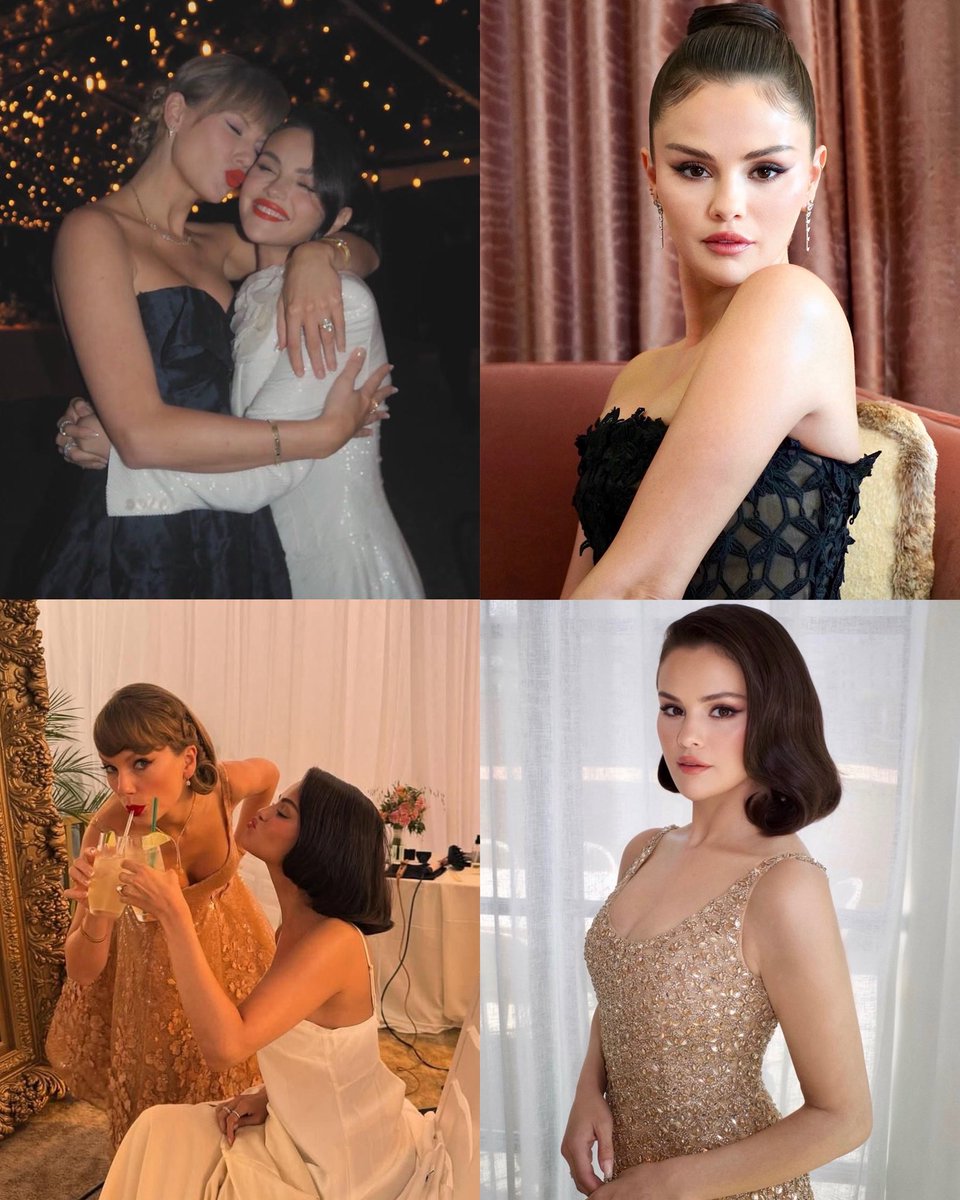 theTSupdates's tweet photo. TWINS! 👯‍♀️🥹

Taylor and Selena were wearing strapless black dresses and updos at each other's wedding rehearsals.

And for the ceremony, both chose beige/gold dresses and a SIMILAR hair style TOO. https://t.co/jNCgMZ3bZH