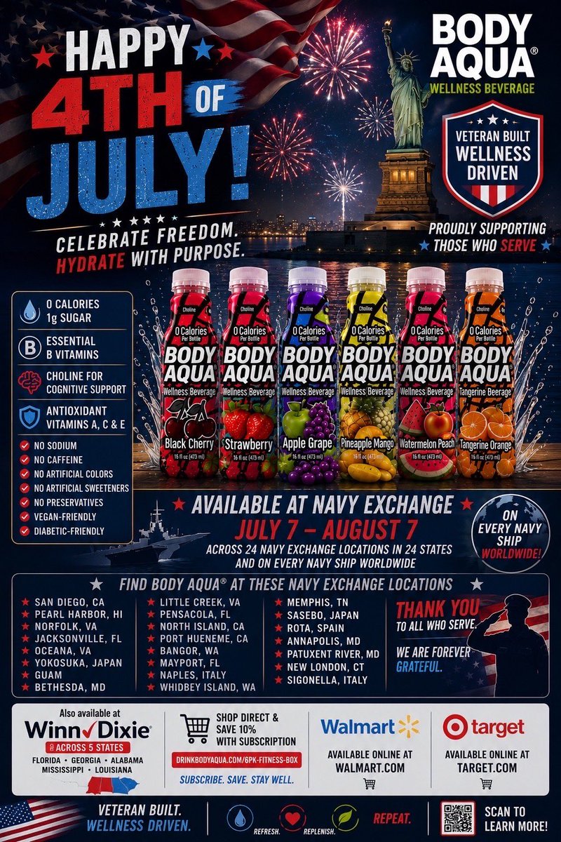 djwillywill72's tweet photo. 🇺🇸 Celebrate Freedom. Honor Service. Hydrate with Purpose.

This Fourth of July, we celebrate the American spirit, the freedoms we cherish, and the heroes who defend them every day.

As a Veteran Built company, Body Aqua® proudly stands with our active-duty military, veterans, and military families by delivering clean hydration with purpose.

We’re honored to announce that beginning July 7 through August 7, Body Aqua® Wellness Beverage will be available at 24 Navy Exchange locations across 24 states and on every Navy ship worldwide through the Navy Exchange system.

Whether you’re celebrating with family, serving on duty, or standing watch across the globe, Body Aqua is made to help keep you refreshed with clean ingredients and functional nutrition.

Every bottle delivers:

🇺🇸 0 Calories
🇺🇸 1g Sugar
🇺🇸 Essential B Vitamins
🇺🇸 Choline for Cognitive Support
🇺🇸 Antioxidant Vitamins A, C & E
🇺🇸 No Sodium
🇺🇸 No Caffeine
🇺🇸 No Artificial Colors
🇺🇸 No Artificial Sweeteners
🇺🇸 No Preservatives
🇺🇸 Vegan-Friendly
🇺🇸 Diabetic-Friendly

⚓ Available July 7 through August 7 at participating Navy Exchange locations across 24 states and aboard every Navy ship worldwide.

You can also find Body Aqua® at:

📍 Every Winn-Dixie across Florida, Georgia, Alabama, Mississippi, and Louisiana

🛒 Shop Direct & Save 10% with Subscription:
https://t.co/7EsckAVMJD

🛒 Walmart:
https://t.co/otebehsNun

🛒 Target:
https://t.co/YzteuMJI65

To every Sailor, Soldier, Marine, Airman, Guardian, Coast Guardsman, veteran, and military family, thank you for your courage, commitment, and sacrifice. Because of you, we celebrate our freedom today.

Have a safe, memorable, and hydrated Independence Day.

🇺🇸 Veteran Built. Wellness Driven.

#Happy4thOfJuly #IndependenceDay #BodyAqua #VeteranBuiltWellnessDriven #NavyExchange #SupportOurTroops #MilitaryFamilies #Veterans #HydrationWithPurpose #CleanHydration #WinnDixie #Walmart #Target #DrinkBodyAqua #RefreshReplenishRepeat