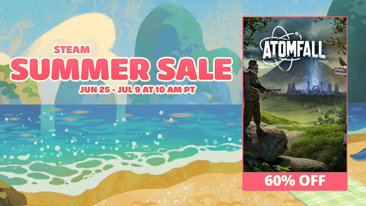 An asset for the Atomfall summer sale on Steam with the Atomfall key art on the right and text reading "Steam Summer Sale" 