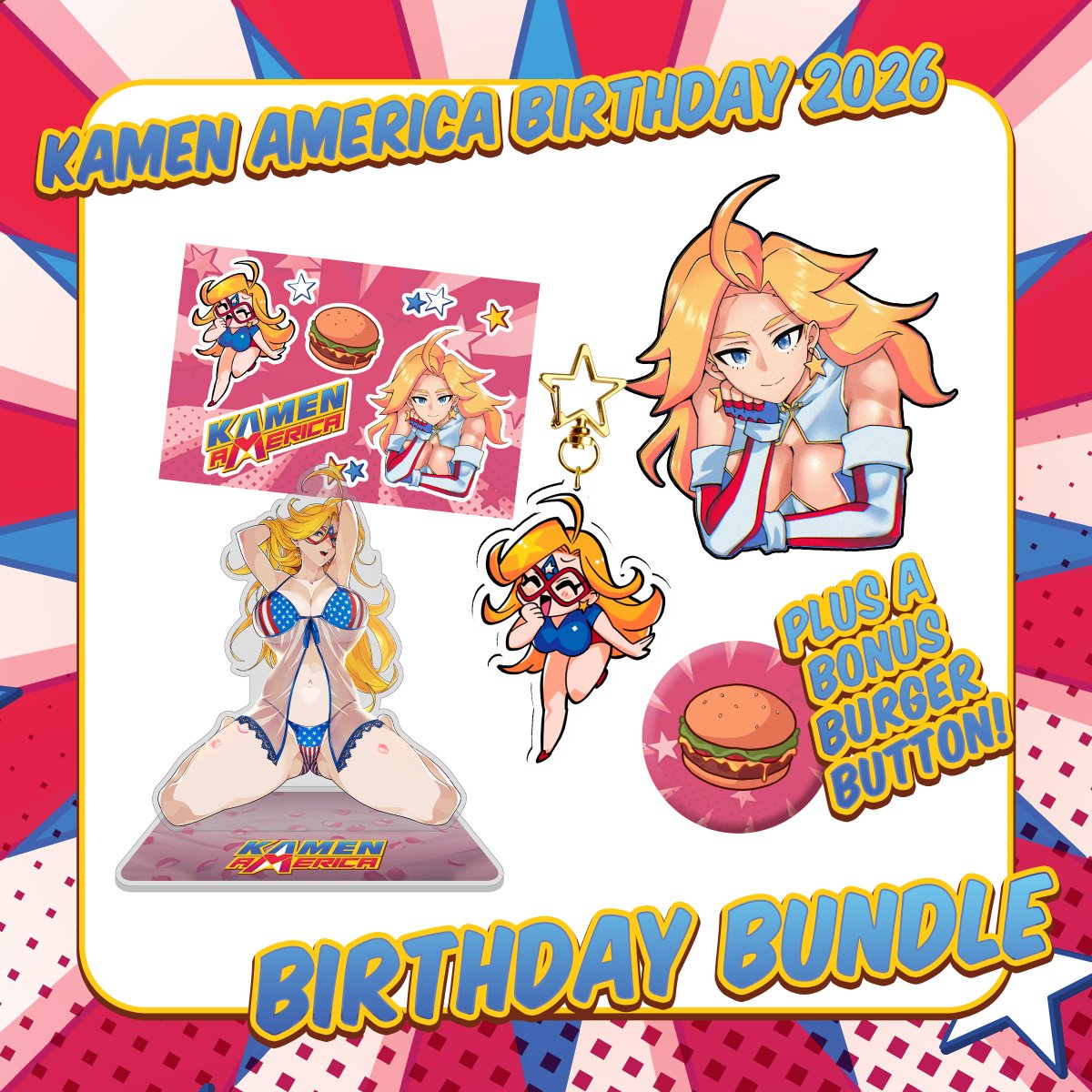 KamenAmericaVT's tweet photo. My birthday merch is NOW LIVE!!! Get your hands on some exclusive stuff now before it's gone!
For July 4th this year, we've got
🍔Car Decal + Sticker Set
🗽Acrylic Standee
🍔Acrylic Keychain

and if you buy the bundle you get a bonus burger pin too!!
Link below! https://t.co/ASIgk5PUJz