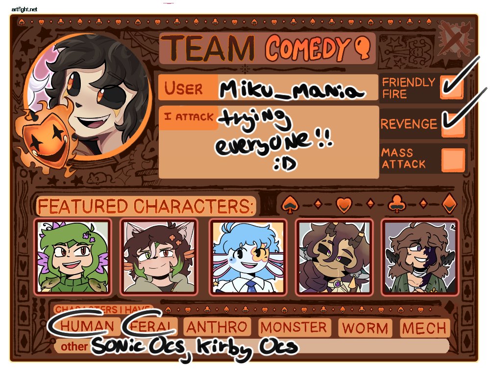 miku_mania's tweet photo. Hi, I forgot to share this here.
LET'S GO TEAM COMEDY 4 WIN !!!!!!!! 🔥🔥🔥
#artfightㅤ #artfight2026ㅤ https://t.co/XdRT2UmcGv