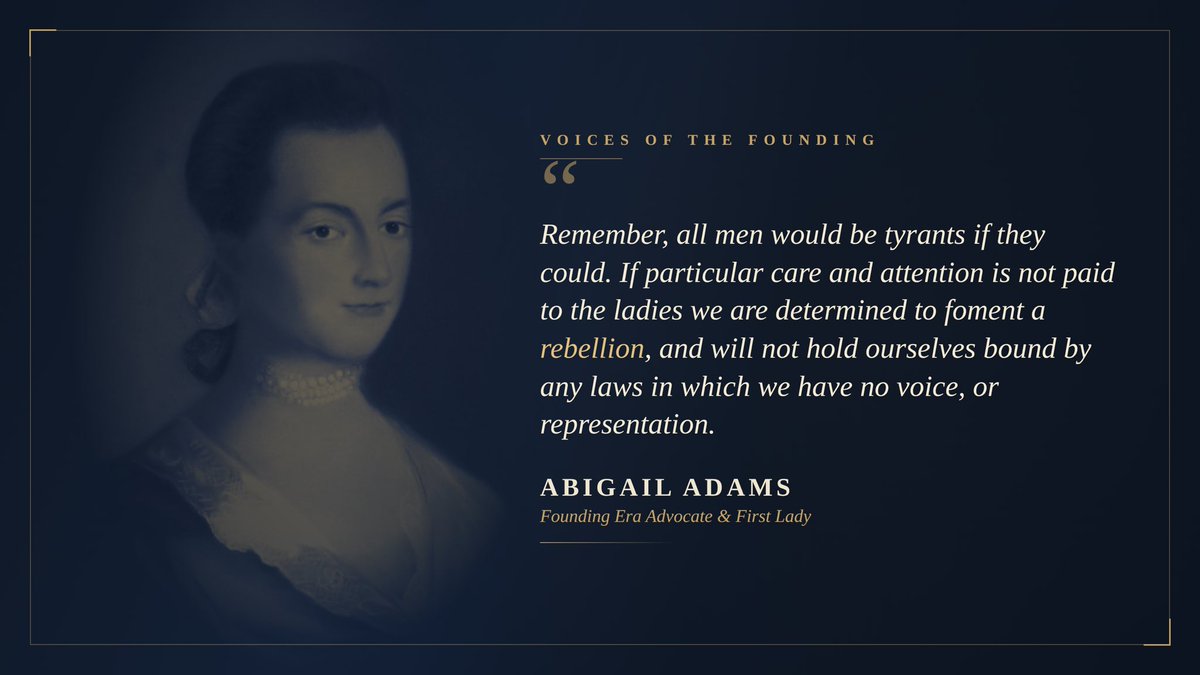 PatrickWSteward's tweet photo. “Remember, all men would be tyrants if they could… we are determined to foment a rebellion, and will not hold ourselves bound by any laws in which we have no voice, or representation.” — Abigail Adams, 1776 🇺🇸
#America250 #AbigailAdams #RememberTheLadies #WomensHistory #Liberty https://t.co/pkn9KlB79i
