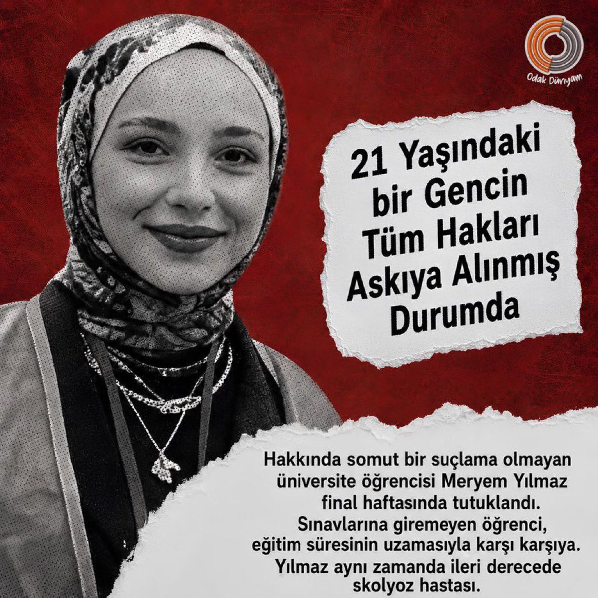 ASUDEKDN's tweet photo. 🚨 Omurgasında 22 Vida ile Cezaevinde: Bu Zulme Dur Deyin!
Omurgasında 22 vida taşıyan bir üniversite öğrencisi, tüm hayati risklere ve ağır cezaevi koşullarına rağmen hâlâ parmaklıklar arkasında tutuluyor.

HastaTutuklu ÖğrenciMeryem https://t.co/4kii9ihka3