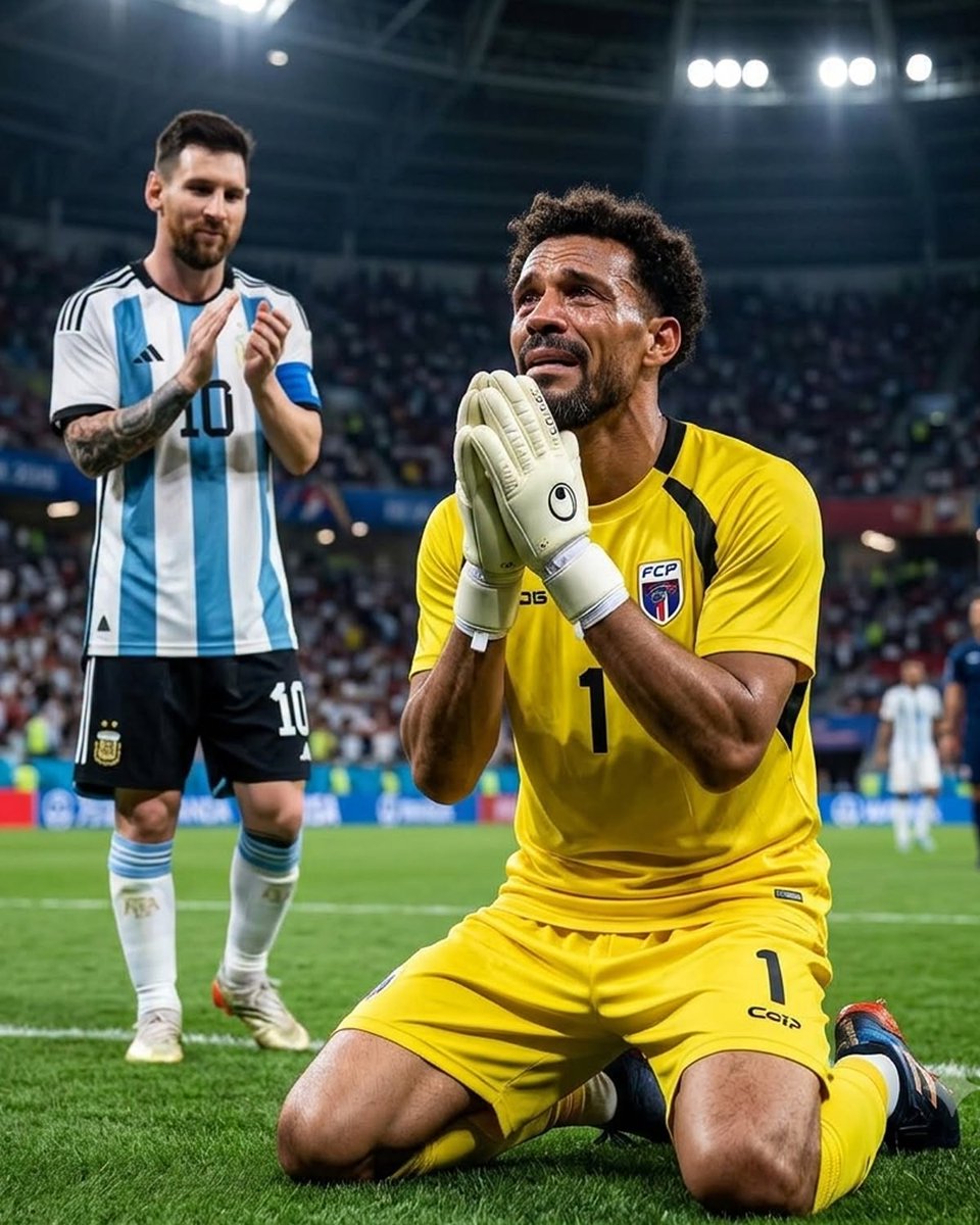 pablocasx1's tweet photo. ¡DE ELECTRICISTA A RECIBIR LOS APLAUSOS DE LIONEL MESSI! ⚡️🧤 Una de las imágenes más emotivas del Mundial. El partido terminó y Vozinha, arquero de Cabo Verde, cayó de rodillas en llanto. A metros, el mismísimo Messi se rindió en aplausos ante su monumental actuación. 👇 https://t.co/4sNj82K0kS
