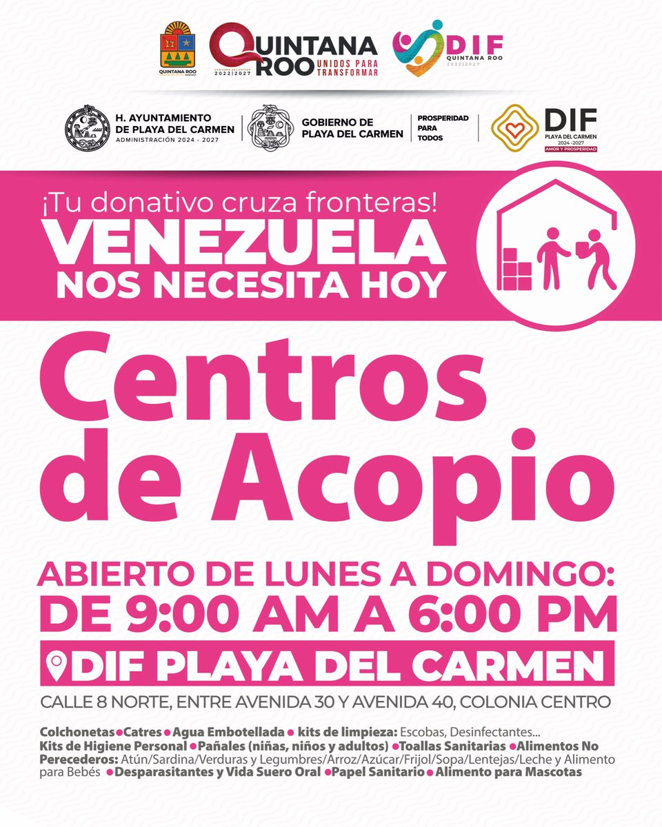 DIFPDC's tweet photo. 🤝🌎 Hoy, más que nunca, Venezuela necesita de nuestra solidaridad.

En coordinación con el Sistema DIF Quintana Roo, el DIF Playa del Carmen se suma como centro de acopio para recibir donativos que brindarán apoyo a quienes más lo necesitan.

#DIFPlayaDelCarmen #AmorYProsperidad https://t.co/cb71H4SBgR