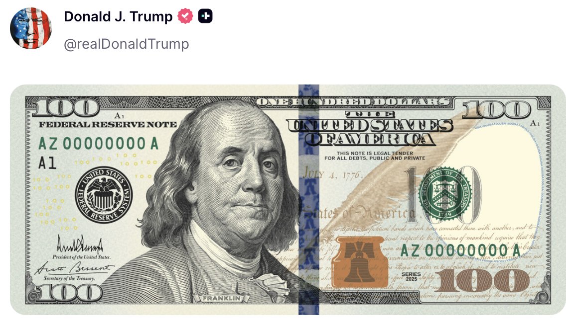 SecScottBessent's tweet photo. Under President Trump’s leadership, we are on a path toward unprecedented economic growth, lasting dollar dominance, and fiscal strength and stability. There is no more powerful way to recognize the historic achievements of our great country and President Donald J. Trump than U.S dollar bills bearing his signature, and it is only appropriate that this historic currency be issued at the Semiquincentennial.