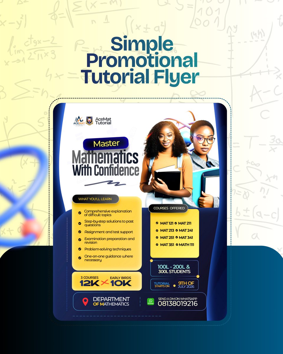 XPAXELS's tweet photo. Your flyer has 3 seconds to make an impression. Make them count.

Designed this promotional flyer for AceMat Tutorial to do more than look good. It's built to communicate clearly and drive action.

#GraphicDesign #FlyerDesign #Xpaxels #Branding #CreativeDesign https://t.co/U1joJtPk1E