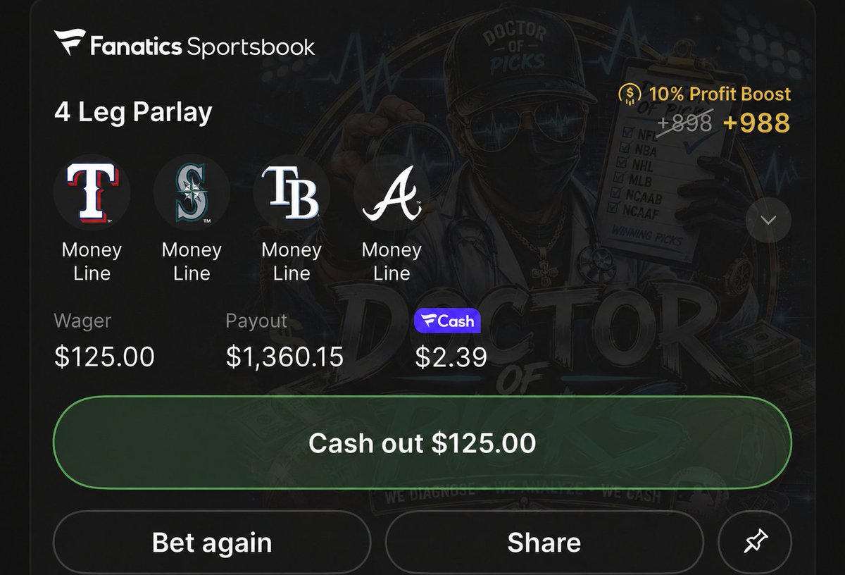 DoctorOfPicks's tweet photo. $1360
4 LEG IT β¦ SPINNING
π§Ώπ―β
Who's riding with me? ππΈ
#MLB #SportsBetting #Parlay #GamblingTwitter #BettingTips #DoctorOfPicks #Baseball #SportsPicks #LockedIn #LetsCash https://t.co/HzWa8qUbgE