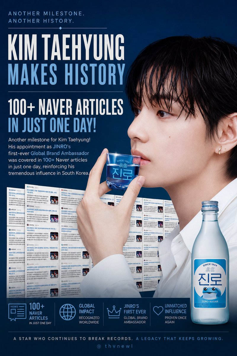 thvnewl's tweet photo. 🚨 TAEHYUNG DOMINATES HEADLINES IN SOUTH KOREA 🐯📰

Kim Taehyung's appointment as JINRO's first-ever Global Brand Ambassador continues to make waves across South Korean media

In just one day, more than 100 articles were published on Naver, one of Korea's largest news platforms, highlighting this major milestone in his career

The overwhelming media coverage once again reflects the immense public and industry interest surrounding Taehyung. Every time he begins a new project, his name quickly becomes one of the biggest headlines, reinforcing his influence in both the entertainment and advertising industries

Let's continue supporting this exciting new partnership and keep the momentum going across all platforms

Keywords: 

JINRO GLOBAL BRAND AMBASSADOR V
KIM TAEHYUNG FOR JINRO

Hashtags:

#TAEHYUNGxJINRO
#VxJINRO

💜 Let's celebrate another incredible milestone in Taehyung's career