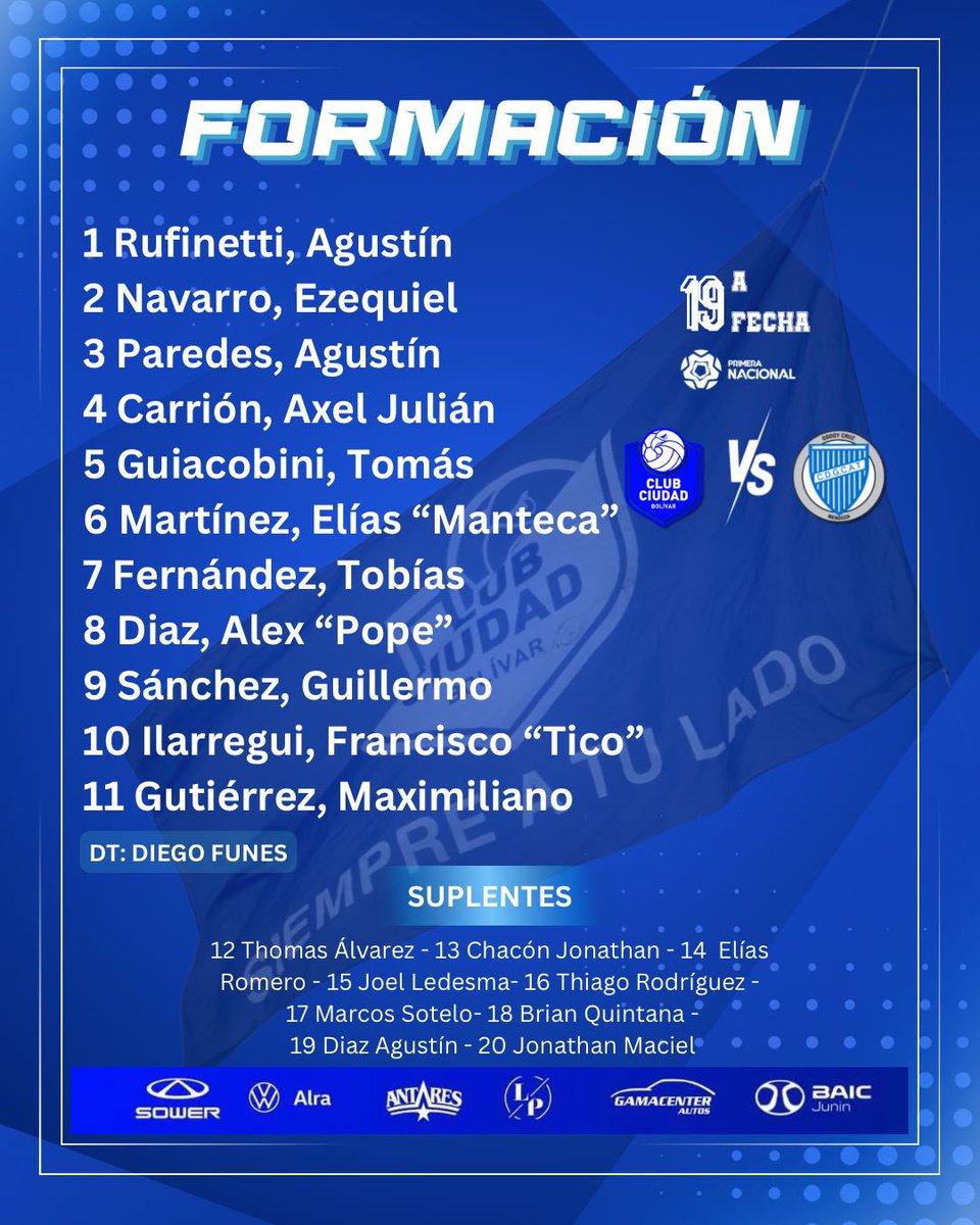 ClubCdBolivarOF's tweet photo. #PrimeraNacional⚽️ 

🔵 Así Forma “El Cele” para enfrentar a Godoy Cruz …

🔵#VamosCele🩵 https://t.co/R4hR20PQgr