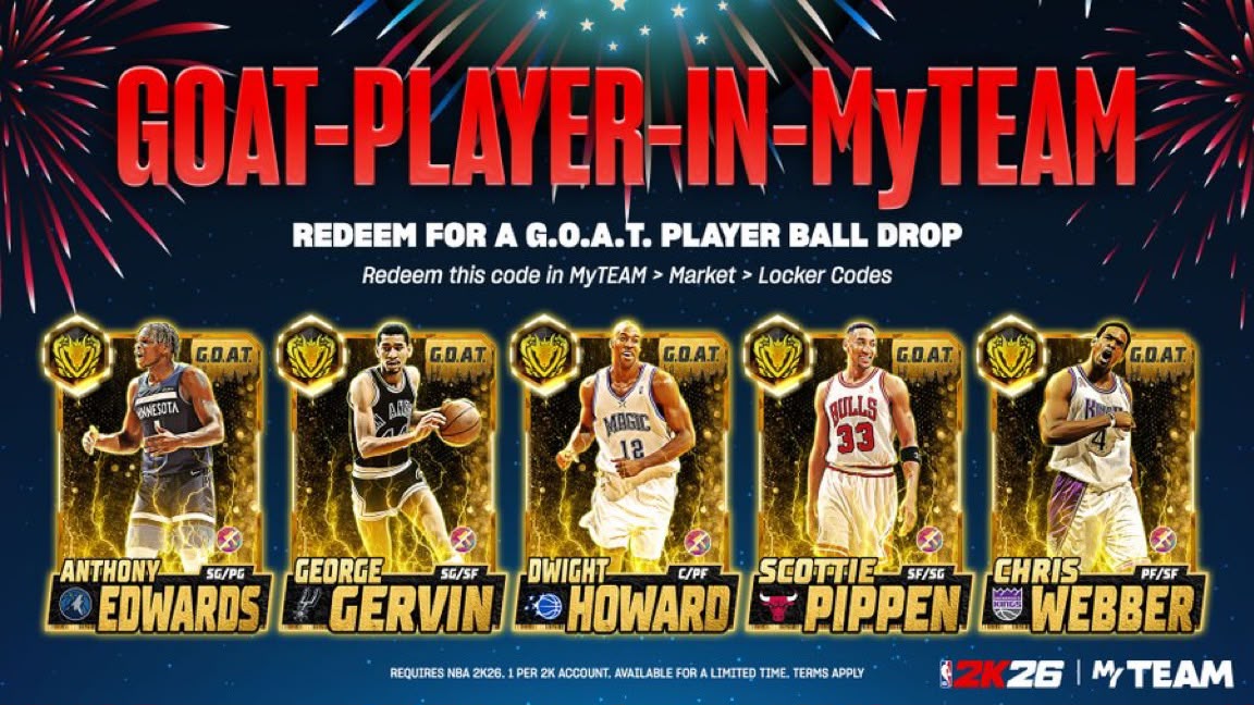 PROGamePlug's tweet photo. Happy 4th of July Everyone 💥
#LockerCode
GOAT-PLAYER-IN-MyTEAM
For a guaranteed G.O.A.T. Player Ball Drop for a chance at massive stars like Anthony Edwards, Scottie Pippen, and more! 🐐
#NBA2K26 #LockerCodes https://t.co/8BAX5r1i6k