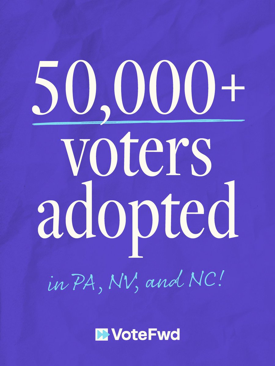 votefwd's tweet photo. 50,000+ voters adopted. That's 50,000 potential voters we wouldn't have reached without you. 🎉 https://t.co/nax1Rlguqk