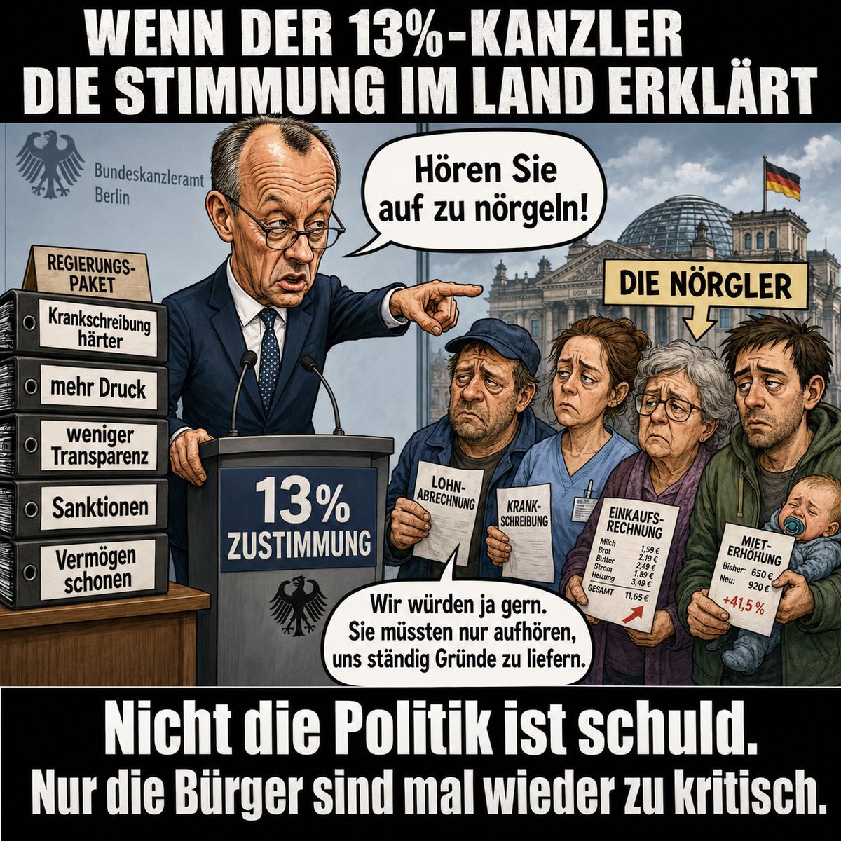 RCRaven1's tweet photo. Werter Herr Bundeskanzler.

Vielleicht würde das Nörgeln über diese Regierung ja tatsächlich verstummen.

Man müsste nur ein paar winzige Details korrigieren.

Zum Beispiel eine Regierung einsetzen, die Kranke nicht reflexhaft für Schauspieler hält, während sie selbst jede Verantwortung überzeugend weginszeniert.

Einen Kanzler haben, der Arbeitnehmer nicht behandelt, als hätten sie heimlich ein Zweitleben als Freizeitbetrüger.

Eine Union, die beim Bürgergeld nicht mit der Taschenlampe im Existenzminimum herumstochert, als suche sie nach versteckten Luxusreserven zwischen Miete und Nudeln.

Eine Koalition, die Informationsfreiheit nicht wie eine lästige Nebenwirkung der Demokratie betrachtet, die man am liebsten absetzen würde.

Eine Politik, die bei großen Vermögen plötzlich nicht in fürsorgliche Schnappatmung verfällt, während sie unten bei 563 Euro noch den letzten Cent Effizienz herausquetschen will.

Und vielleicht, ganz abwegige Idee, einen Kanzler, der bei 13 Prozent Zustimmung nicht ausgerechnet die Bevölkerung zum Problem erklärt, sondern sich selbst einmal in den Spiegel schaut.

Aber klar.

Die Leute nörgeln.

Nicht etwa, weil sie Reformen erleben, die konsequent nach unten treten und nach oben höflich nicken.

Nicht, weil Kranke, Arbeitslose, Arbeitnehmer und Bürger zunehmend unter Generalverdacht stehen, während Macht und Geld erstaunlich unbehelligt bleiben.

Nicht, weil die SPD zwar gelegentlich bremst, am Ende aber doch brav mitfährt, wenn es sozial bergab geht.

Nicht, weil die Union soziale Kälte inzwischen als Führungsstärke verkauft.

Nein.

Die Menschen sind einfach Nörgler.

So nennt man das wohl, wenn ein Kanzler mit 13 Prozent Zustimmung dem Land erklärt, dass nicht seine Politik das Problem ist, sondern die angeblich schlechte Stimmung der Bevölkerung.

Man kann das natürlich so machen.

Man kann Kritik delegitimieren.
Man kann Sorgen als Befindlichkeiten abtun.
Man kann Misstrauen säen und es dann den Bürgern anlasten.
Man kann Härte nach unten als mutige Reform etikettieren.

Nur sollte man sich dann nicht wundern, wenn dieses Land irgendwann trocken zurückfragt:

Herr Kanzler, wenn wirklich alle nörgeln – könnte es vielleicht doch an Ihrer Politik liegen?