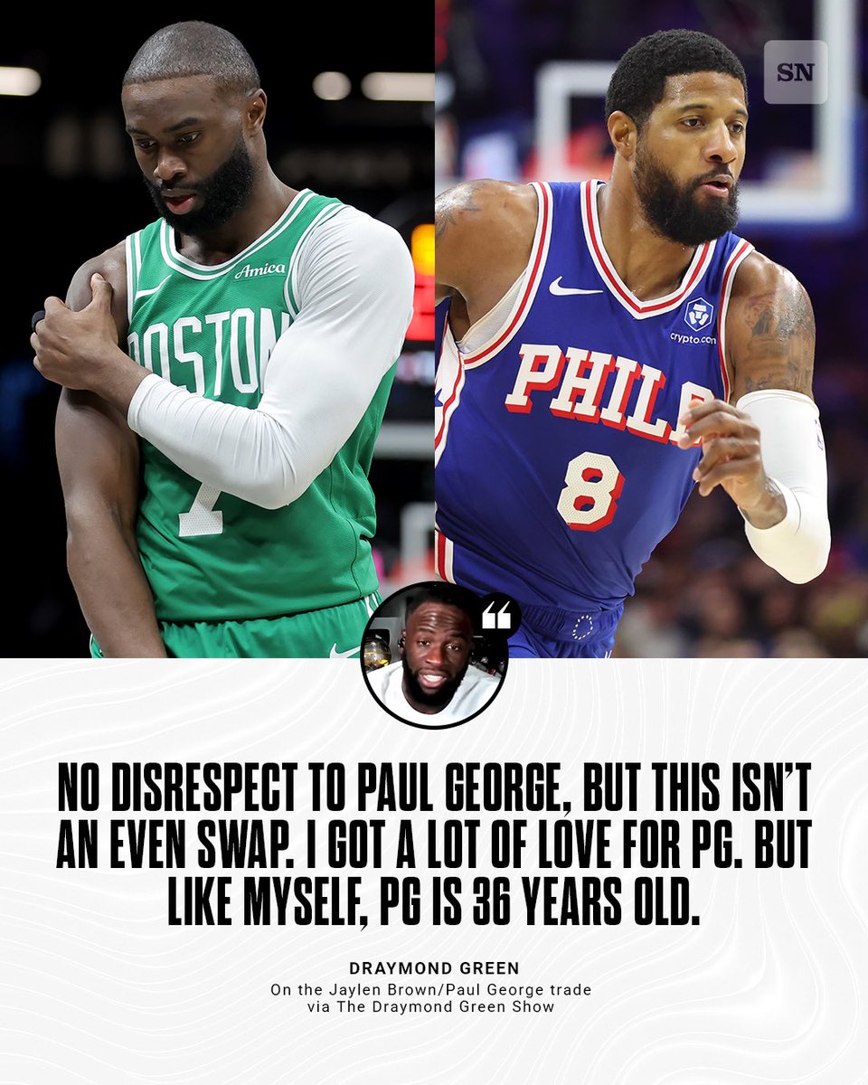 sportingnews's tweet photo. Draymond Green gives his thoughts on the Jaylen Brown/Paul George trade 🗣️

(via: @DraymondShow) https://t.co/HwlhV5qSeF