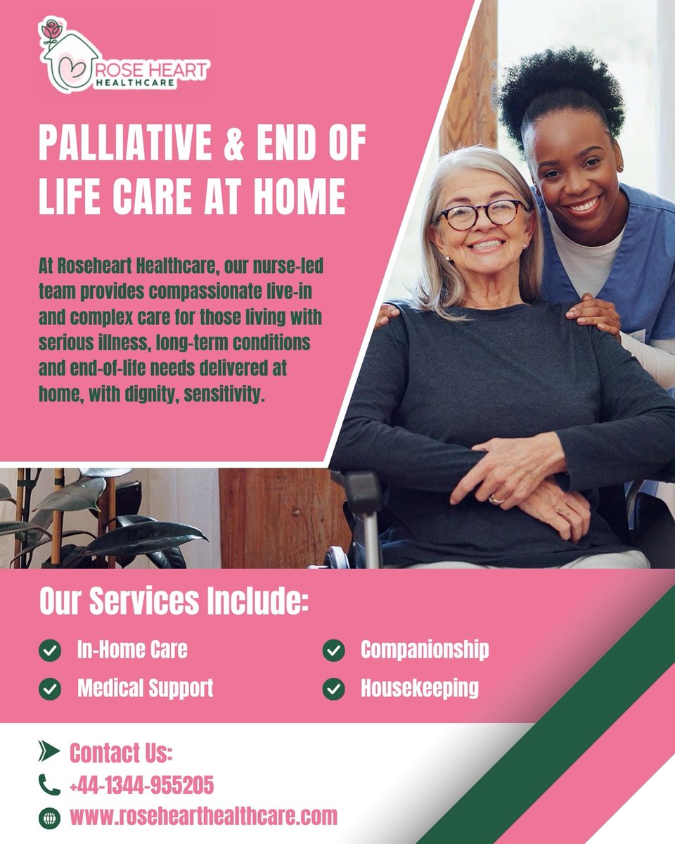 RoseheartHealth's tweet photo. Roseheart Healthcare provides expert, nurse-led palliative and end-of-life care in Bracknell Forest. We deliver compassionate support in the comfort of home, prioritizing dignity and sensitivity for your loved ones. 
Call: +44-1344-955205 
#PalliativeCare #HomeCare #EndofLifeCare https://t.co/J0JciPOBXc