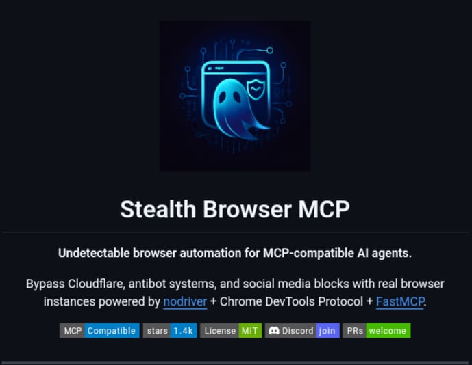 DivyanshT91162's tweet photo. This might be the most underrated MCP server I've found this week.

Stealth Browser MCP gives AI agents an undetectable browser that can automate sites most browser tools can't.

• Bypasses Cloudflare & anti-bot systems
• 97 browser automation tools
• AI-generated network hooks
• Pixel-perfect UI extraction
• Full CDP access
• Cross-platform support

100% Open Source (MIT License)

Repo:
https://t.co/66pVMNWdok