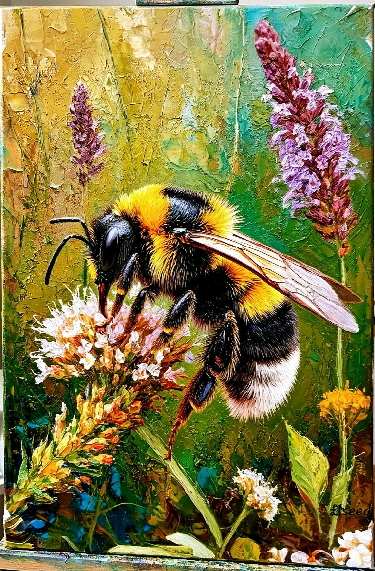 ElseedUg's tweet photo. "The bee kisses the blossom and steals its soul, yet leaves it more alive than before VI."

Elseedart 
Acrylics painting on canvas 
Size: 44x59cm 

Bees are tiny poets of persistence, teaching us about community, fragility, and the quiet miracles that hold the world together. https://t.co/uGxyJwHg2N