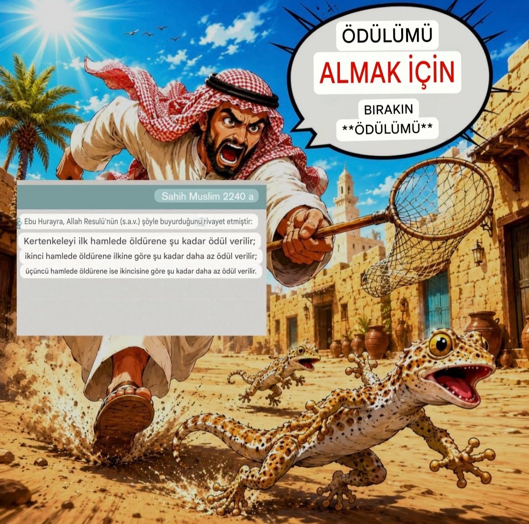 redrainontitan's tweet photo. Kardeşlerim, eğer sevap istiyorsanız, öldürmek için kertenkele arayın. 😂

👉Muhammed (s.a.v.) şöyle buyurmuştur: "Eğer onu öldürebilirseniz, Allah'tan sevap kazanırsınız." Dolayısıyla, onları görüp de öldürmeyenleriniz, çok büyük bir sevaptan mahrum kalıyorsunuz. (Sahih Müslim 2240a)

Muhammed'in tüm bu vahiyleri nereden aldığını merak ediyorum.🤔
 Bazı hayvanlardan korktuğuna ve bu yüzden takipçilerini onları öldürmeye devam etmeleri için beyin yıkadığına, böylece var olmamaları gerektiğine inanmak istiyorum, ama o bunun Allah'tan geldiğini söyleyecektir. Bana söyleyin, sizin dünyanızda belirli bir hayvanı öldürmenin size bir ödül kazandırdığı yer neresi? Neyse, Allah en iyisini bilir.