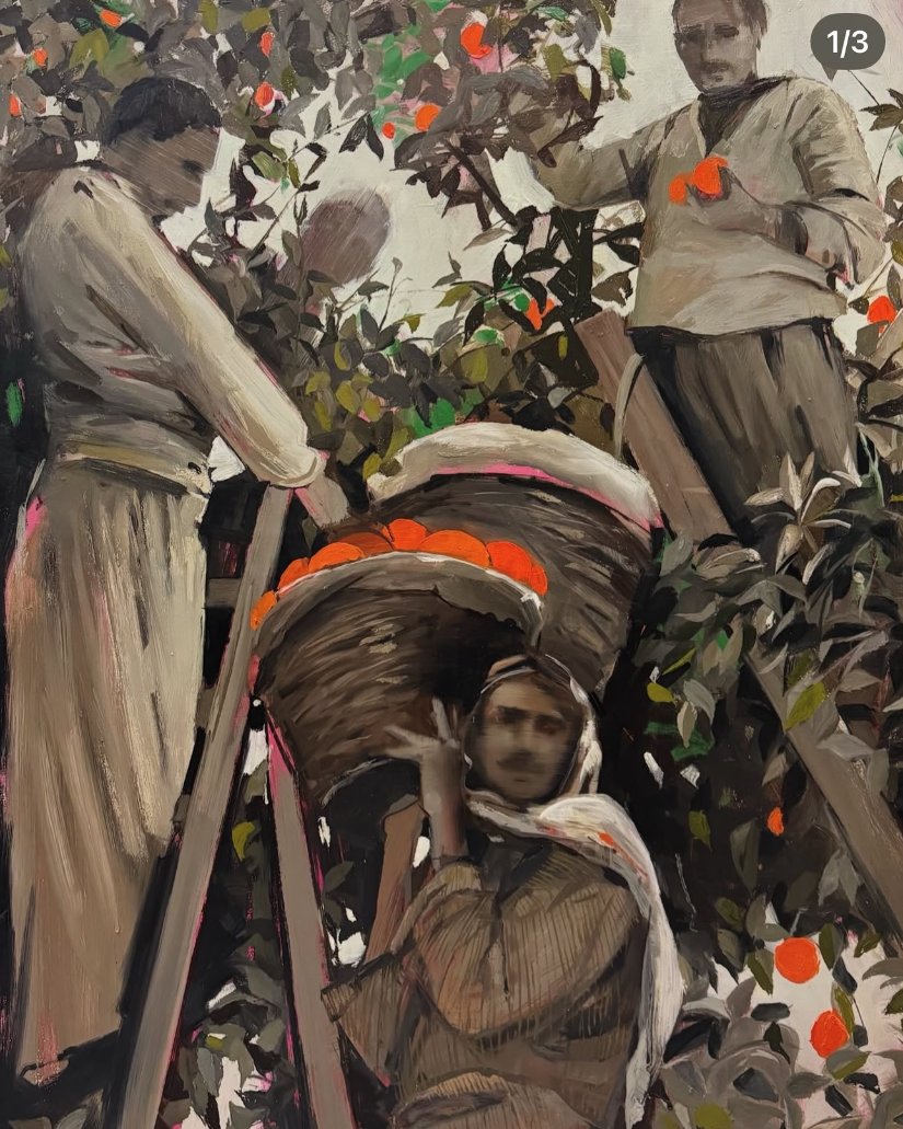 Boudicca61AD's tweet photo. Painting from the "Yaffa Orange Collection" (2025) by artist Marwa Najjar, paired with a poem "My Grandfather’s Well" by Palestinian Mosab Abu Toha, Poet, Writer, Pulitzer Prize winner, Founder of the Edward Said Public Library.

I never met Grandfather, but I can see him
close to a well in Yaffa. The forehead he’s wiping 
is a glittering, wrinkled map of the past.
His olive-wood cane leans
against an orange tree.

I can see birds the colour of earth
when it rains
harvest oranges, pile them
on roofs of houses
in the refugee camp.

Where have you been? Grandfather asks me,
his voice
weary as if
plowing the thick, muddy
soil of language.
My arms are down, too tired to lift
even to say hi.

I’ve been pulling up buckets of water
from the Camp’s well,
searching for words
for my epic.
My grandfather stands still close to the well.
He never left it, even after the Nakba,
even after death.
His hands pour water
down into the well.

In the refugee camp,
where Land is strewn with
debris, where air chokes with rage,
my harvest is yet to arrive,
my seeds only sprout on this page.

FOLLOW Mosab here: @MosabAbuToha
