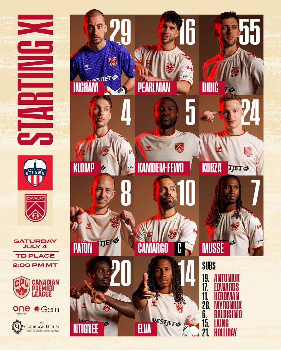 CPLCavalryFC's tweet photo. Our XI in Ottawa 🐎

Watch live on @onesoccer &amp; @cbcgem https://t.co/sXCaoXA2F1