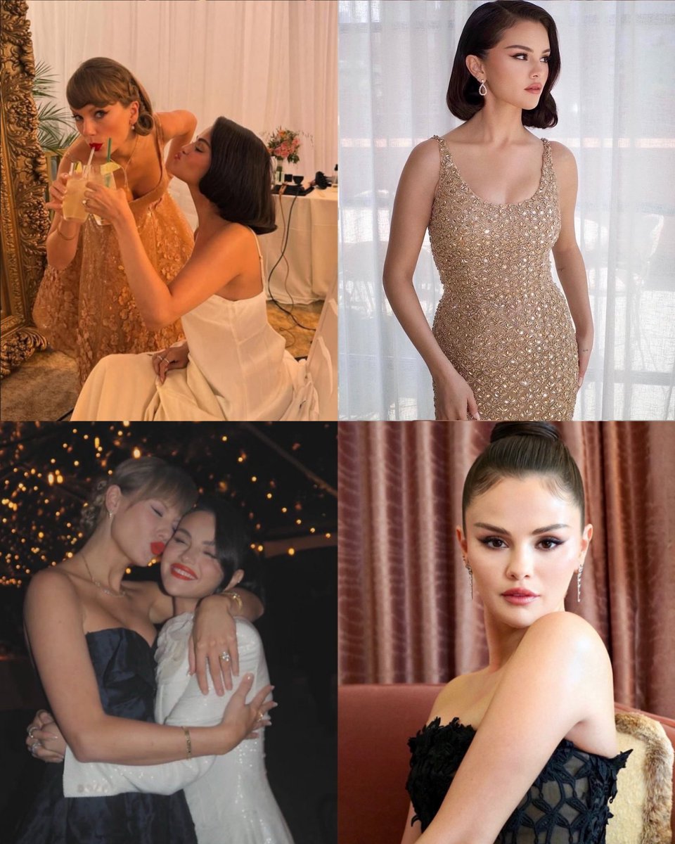 TheSwiftSociety's tweet photo. ❤️| Taylor Swift and Selena Gomez both wore black and gold dresses for each other's rehearsal and wedding. https://t.co/Bh01IXXb1o