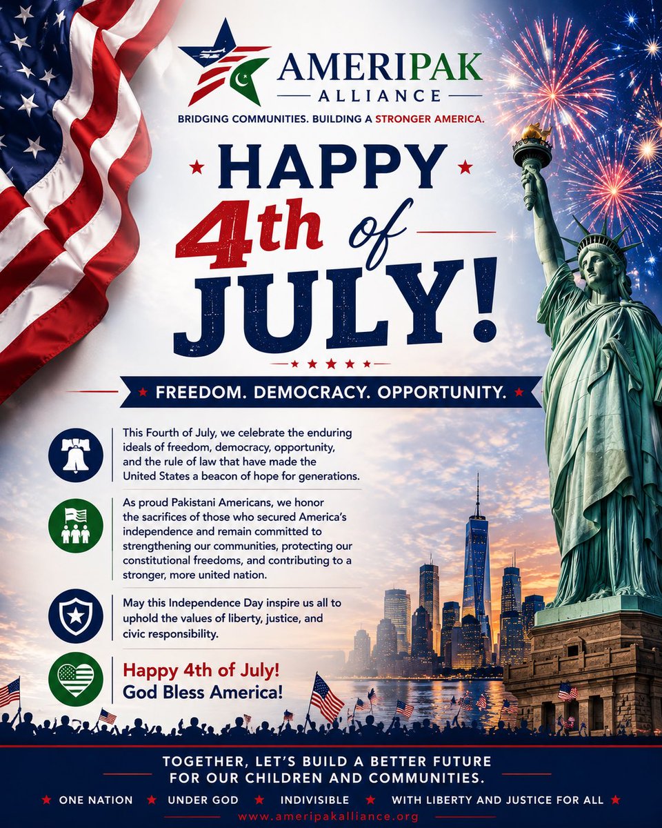 AmeriPakA's tweet photo. 🇺🇸 Happy Independence Day from AmeriPak Alliance! 🇺🇸

Today we celebrate the freedom, opportunity, &amp; unity that make America strong. We honor those who secured our independence &amp; remain committed to serving our communities &amp; country.
God Bless America! 🇺🇸 https://t.co/pmt4fNbIWk